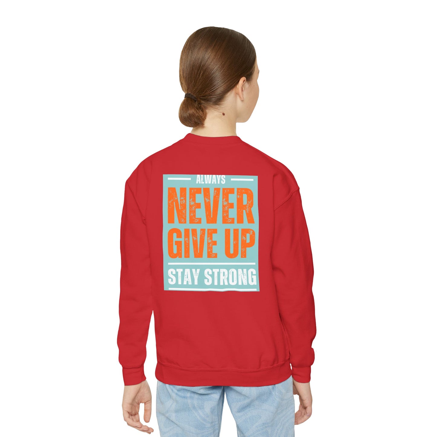 Youth Crewneck Sweatshirt — Stay Focused / Never Give Up Motivational Sweatshirt