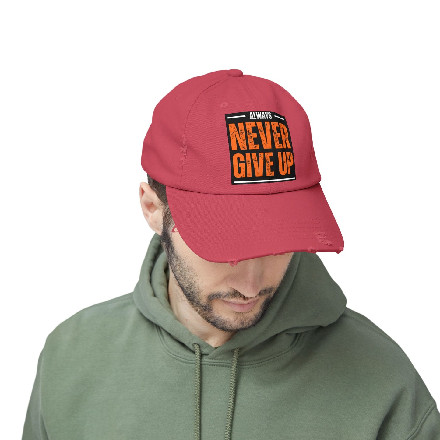 Never Give Up Distressed Cap — Motivational Baseball Hat