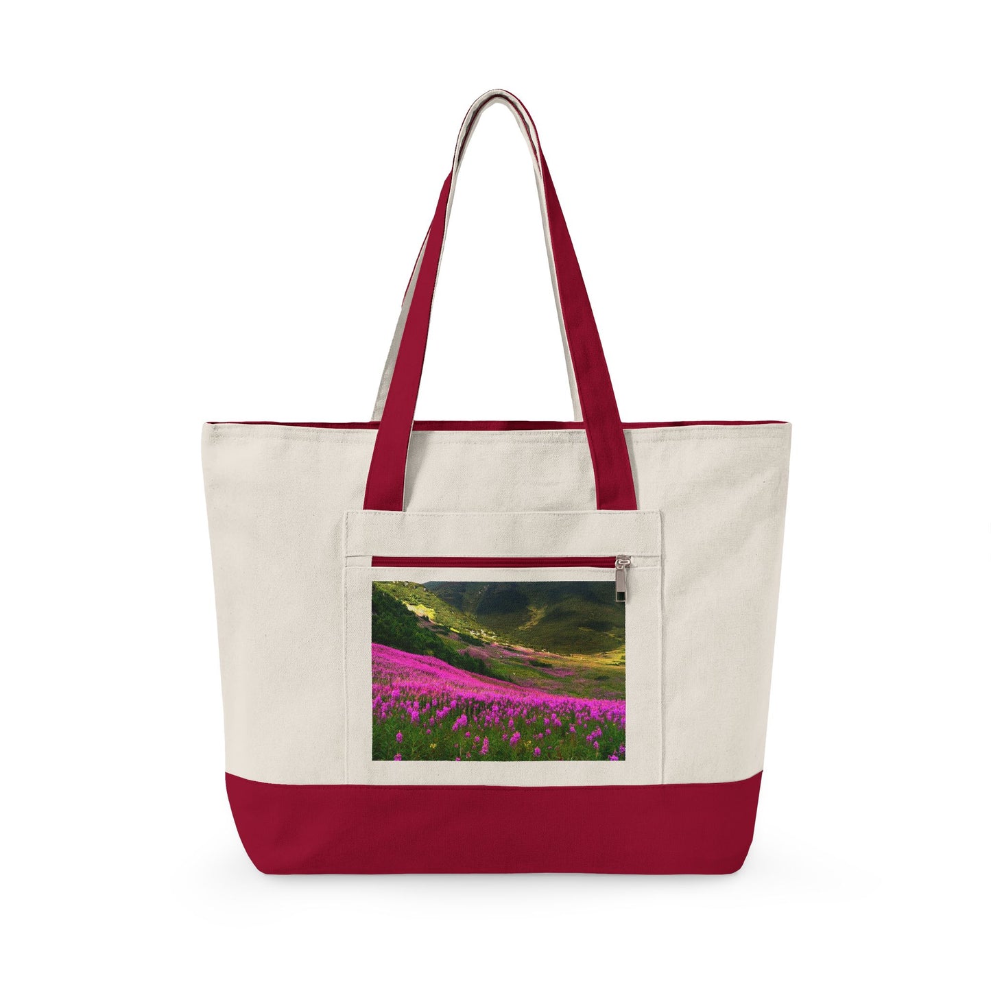 Canvas Tote Bag — Scenic Floral Meadow & River Photo Print Zippered Tote