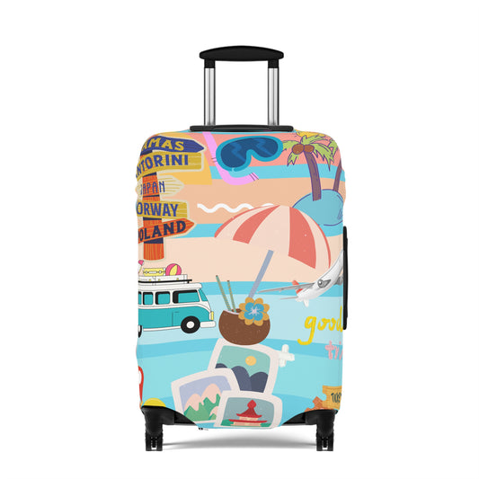 Luggage Cover - Retro Beach Travel Print (Van, Umbrella, Seaside Icons)