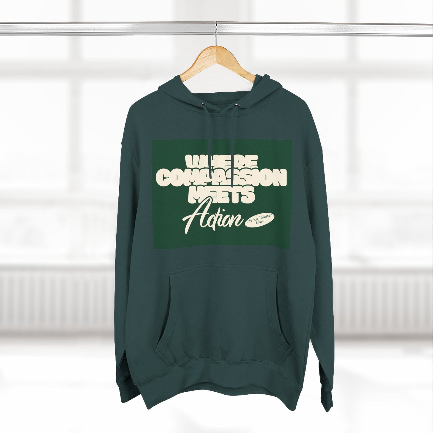Three-Panel Fleece Hoodie — Vintage Ship Graphic & "Where Compassion Meets Action" Motivational Design