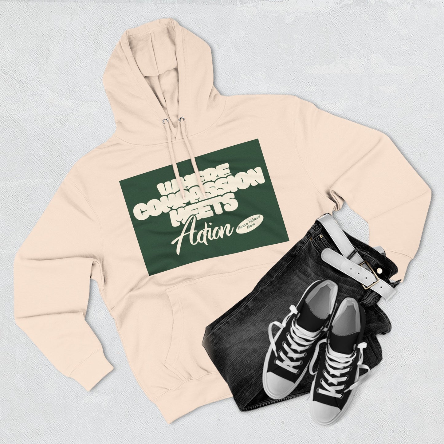 Three-Panel Fleece Hoodie — Vintage Ship Graphic & "Where Compassion Meets Action" Motivational Design