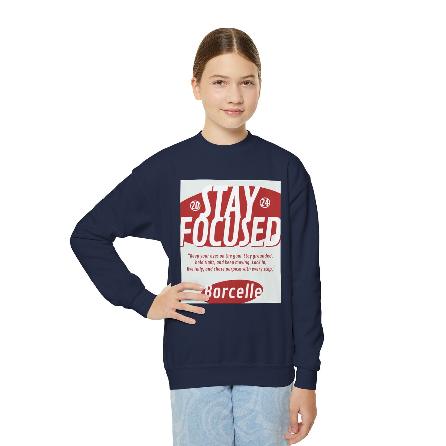 Youth Crewneck Sweatshirt — Stay Focused / Never Give Up Motivational Sweatshirt