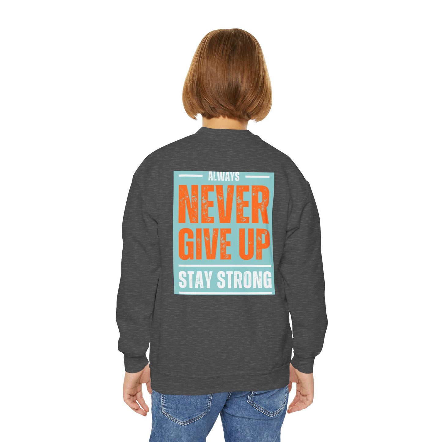 Youth Crewneck Sweatshirt — Stay Focused / Never Give Up Motivational Sweatshirt