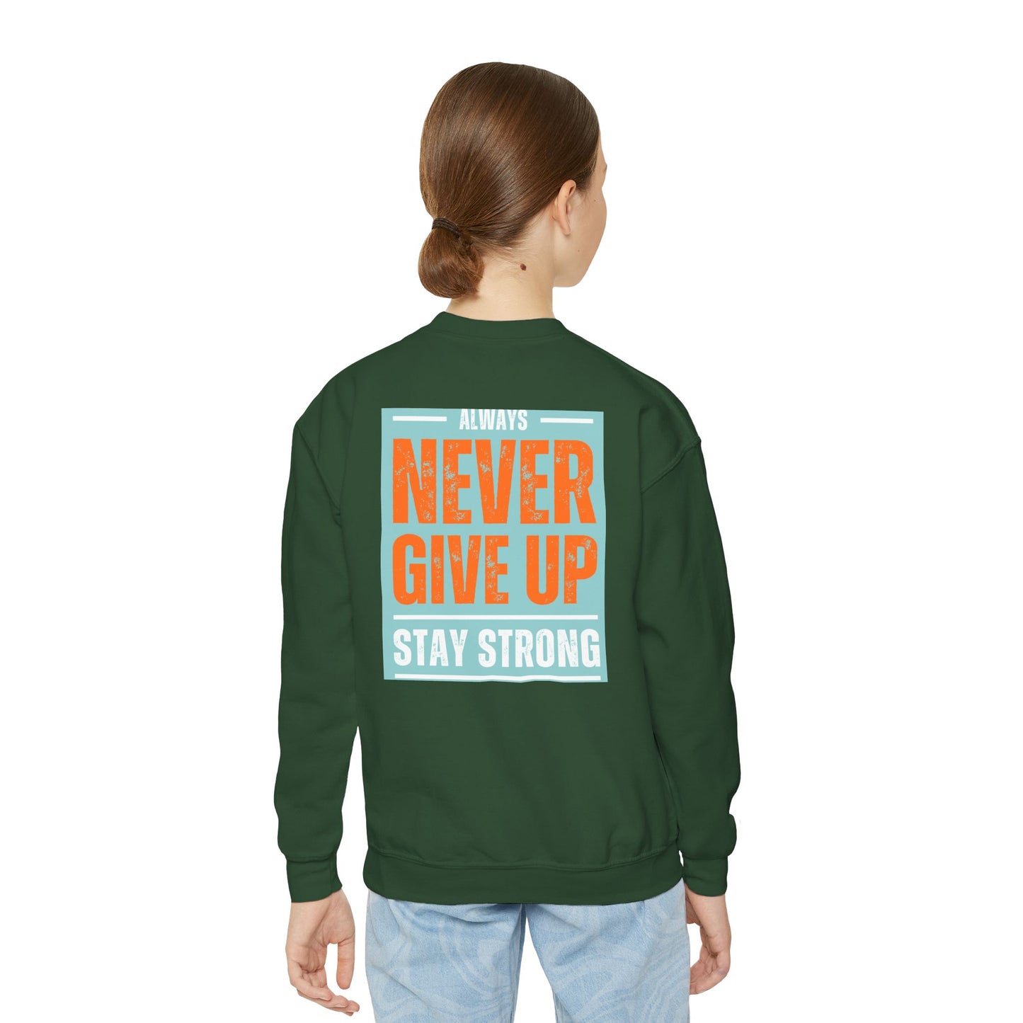 Youth Crewneck Sweatshirt — Stay Focused / Never Give Up Motivational Sweatshirt