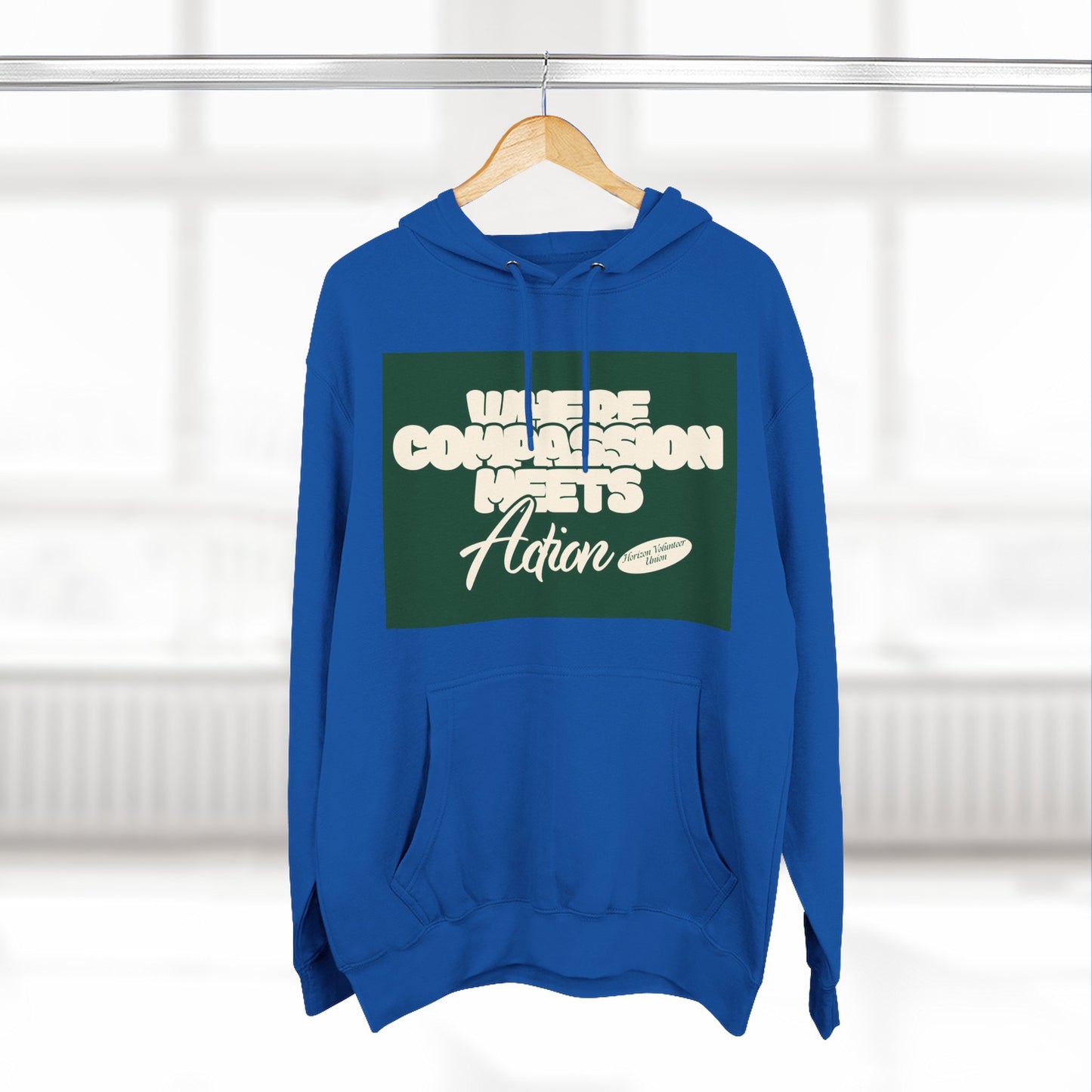 Three-Panel Fleece Hoodie — Vintage Ship Graphic & "Where Compassion Meets Action" Motivational Design