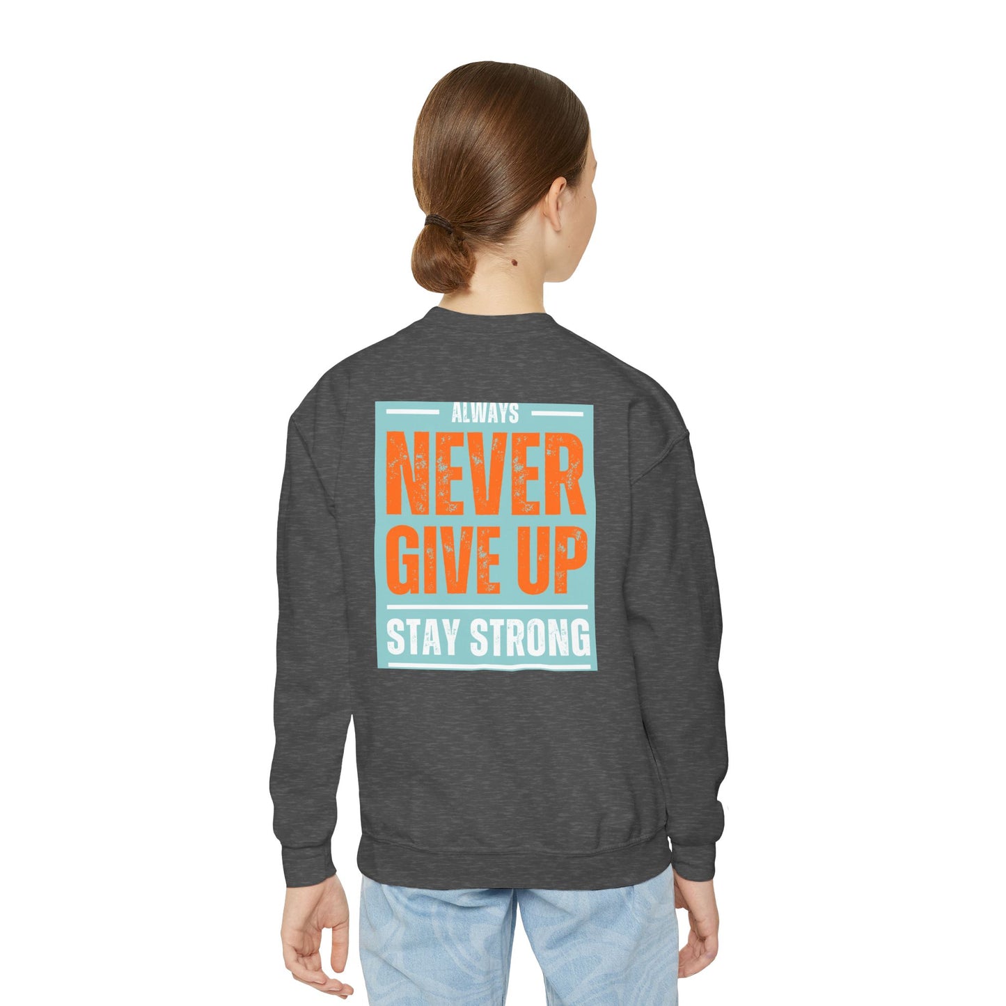 Youth Crewneck Sweatshirt — Stay Focused / Never Give Up Motivational Sweatshirt