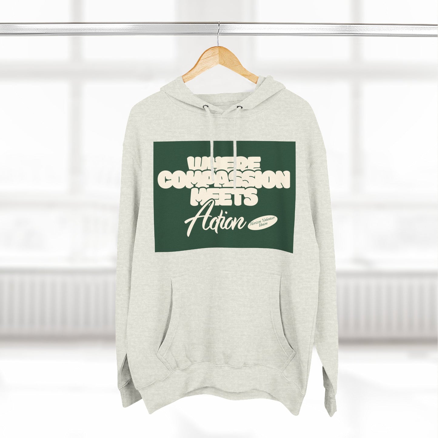 Three-Panel Fleece Hoodie — Vintage Ship Graphic & "Where Compassion Meets Action" Motivational Design