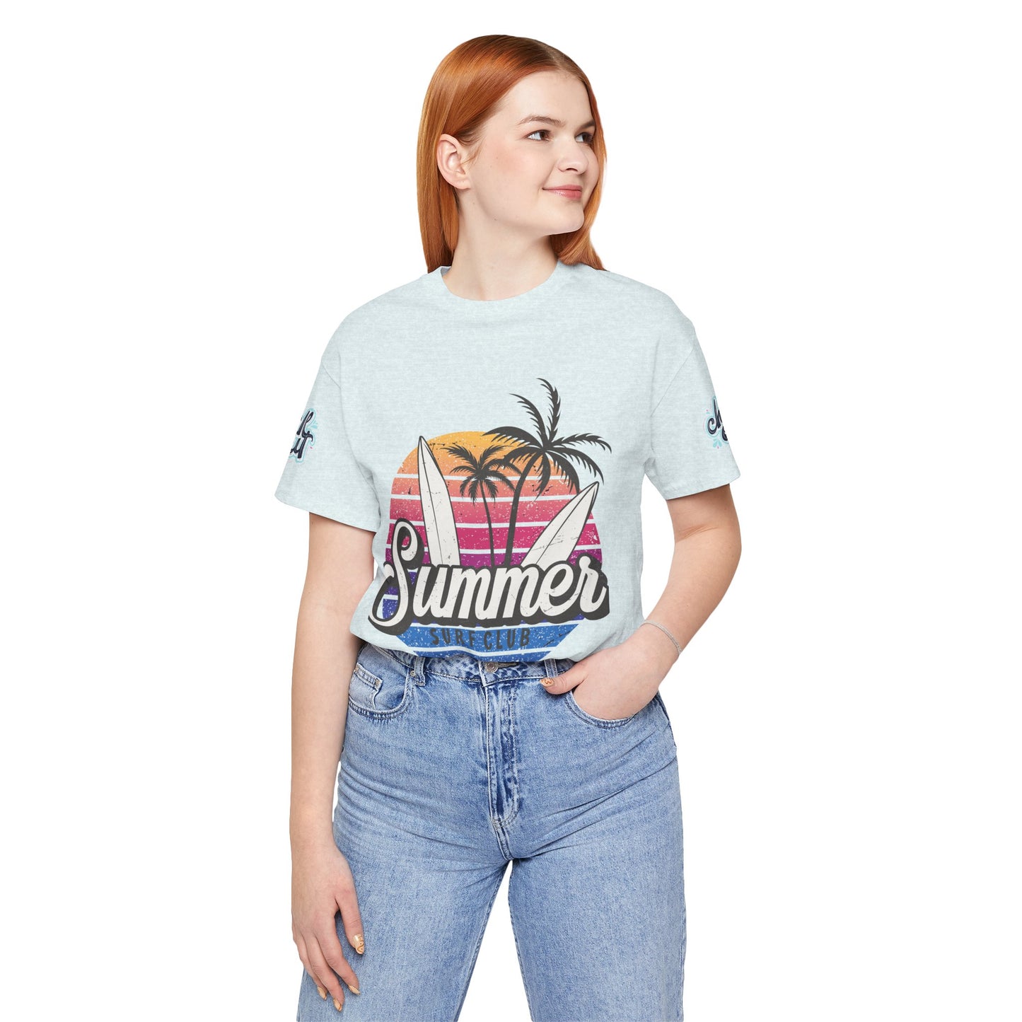 Summer Surf Tee – “Here Comes The Sun” Vintage Surfboard & Palm Graphic T-Shirt