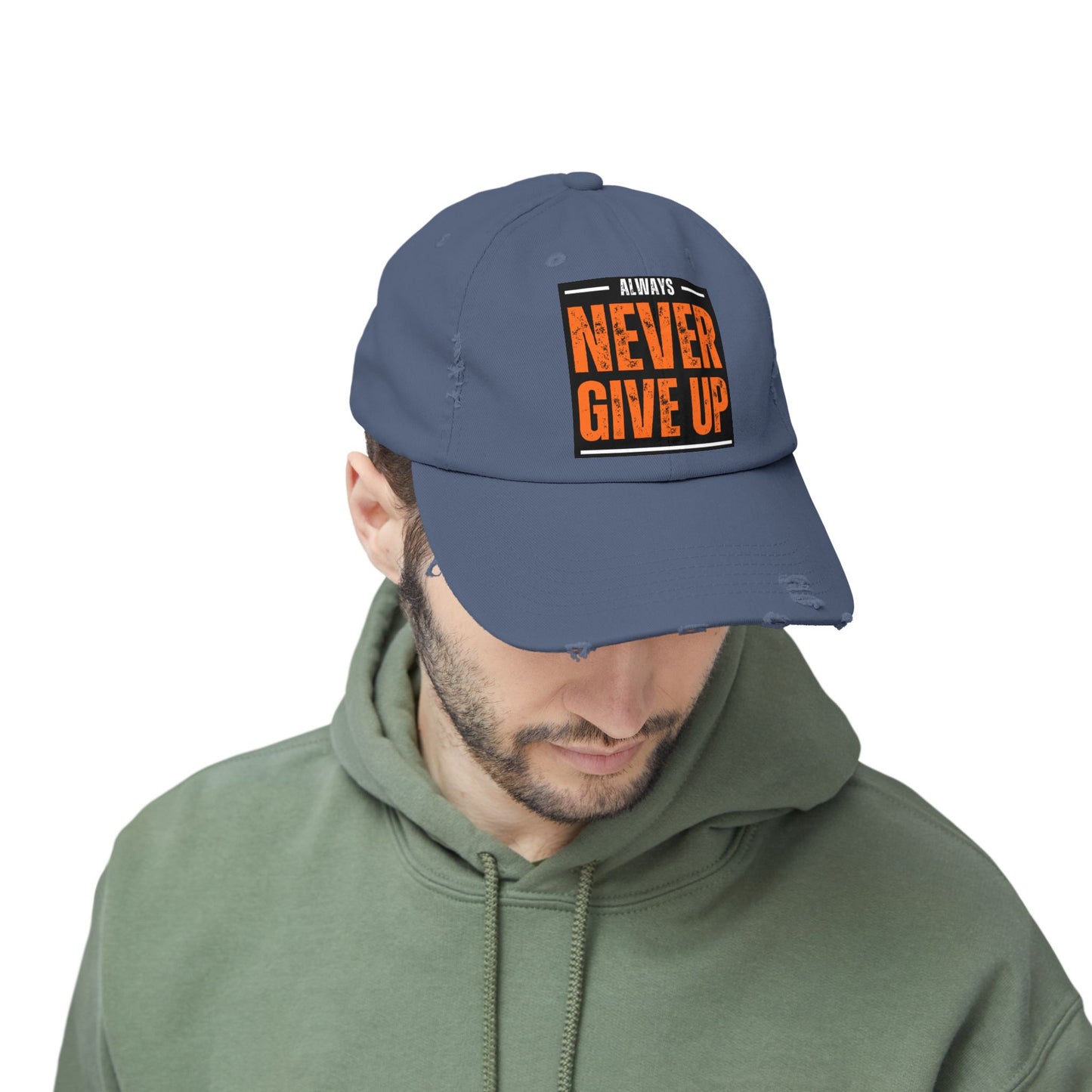 Never Give Up Distressed Cap — Motivational Baseball Hat