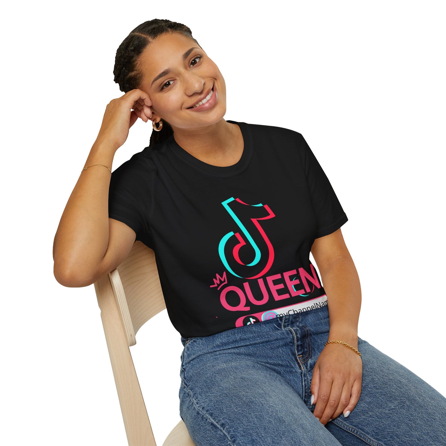 TikTok Queen Graphic T-Shirt — Personalized Channel Name, 'New Day New Start' Back Design