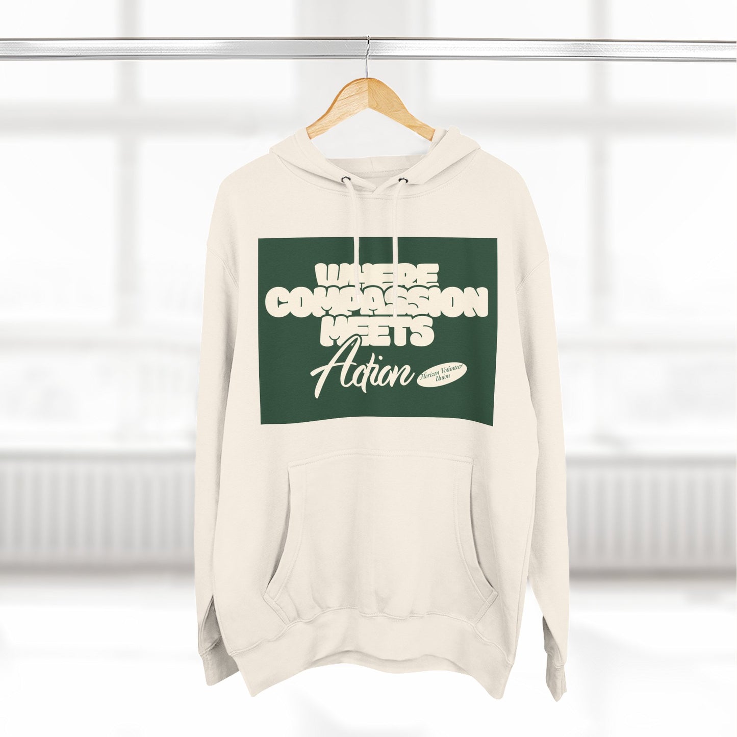 Three-Panel Fleece Hoodie — Vintage Ship Graphic & "Where Compassion Meets Action" Motivational Design