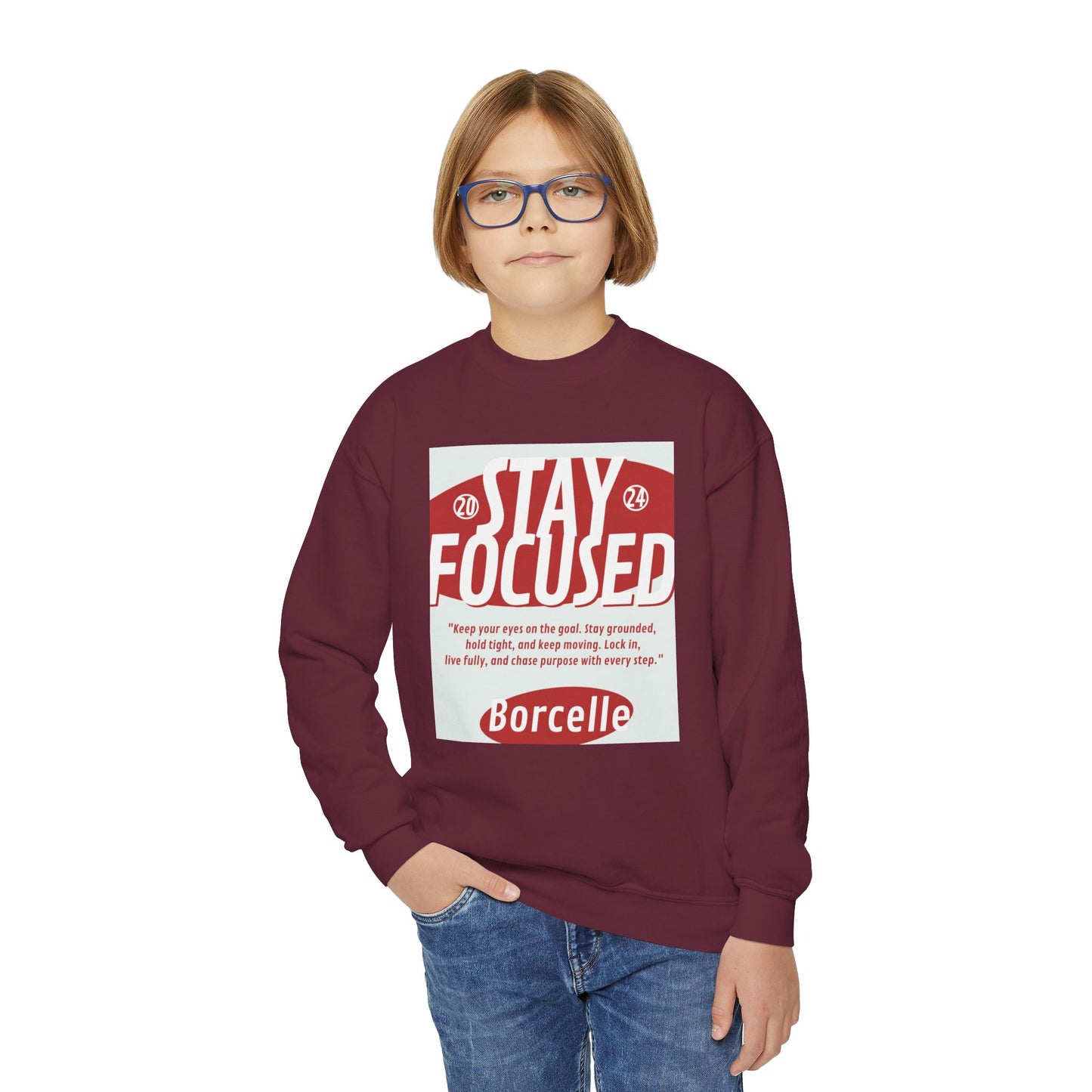 Youth Crewneck Sweatshirt — Stay Focused / Never Give Up Motivational Sweatshirt