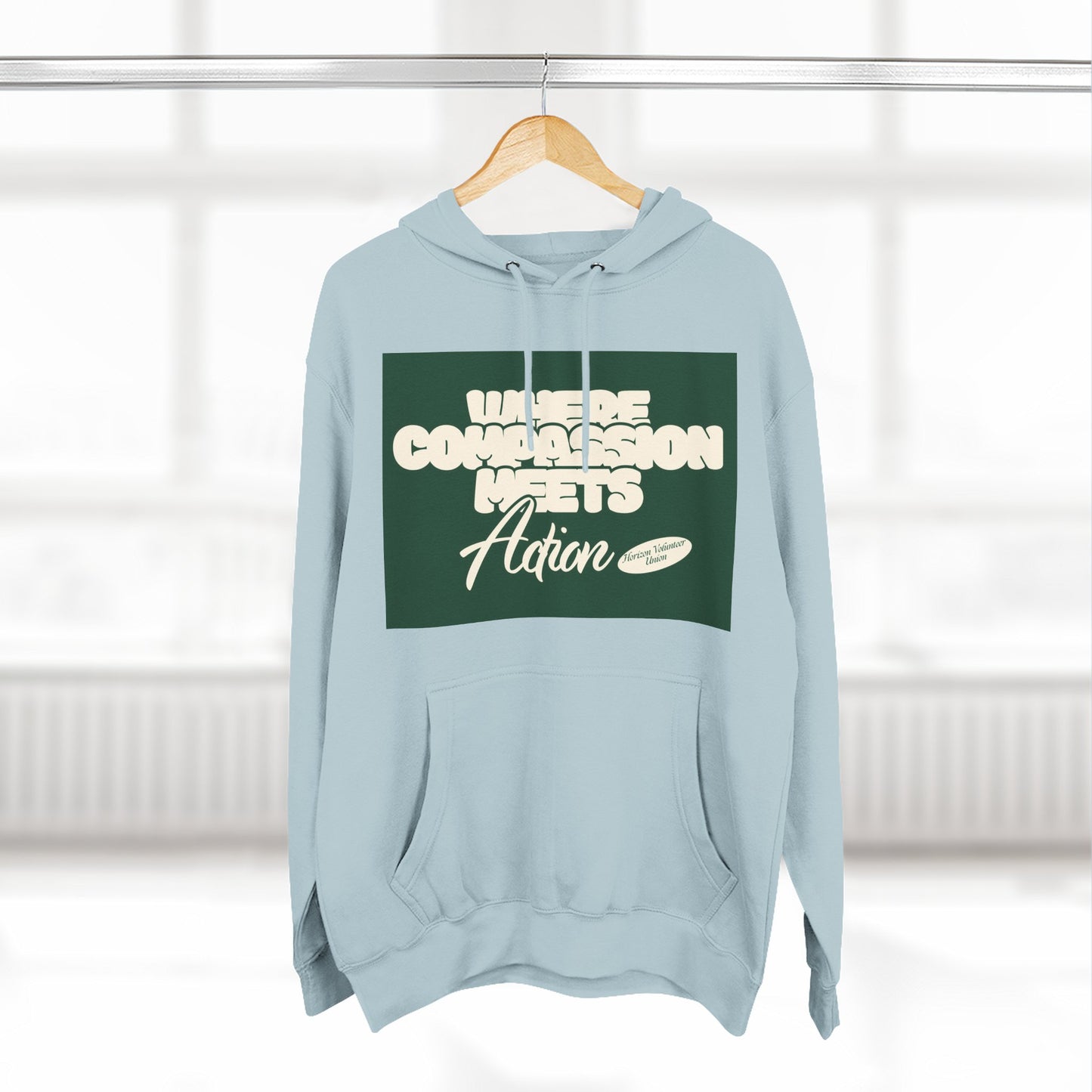 Three-Panel Fleece Hoodie — Vintage Ship Graphic & "Where Compassion Meets Action" Motivational Design