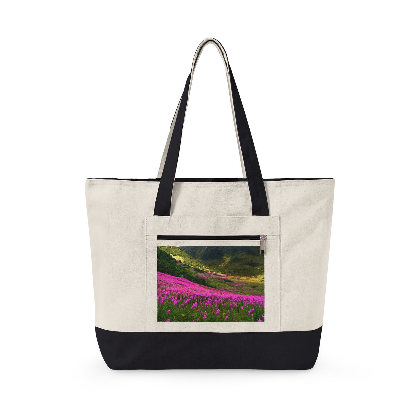 Canvas Tote Bag — Scenic Floral Meadow & River Photo Print Zippered Tote