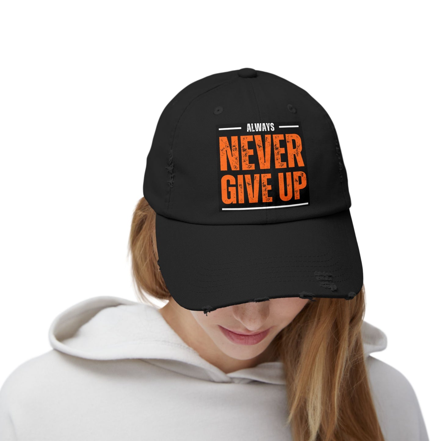 Never Give Up Distressed Cap — Motivational Baseball Hat