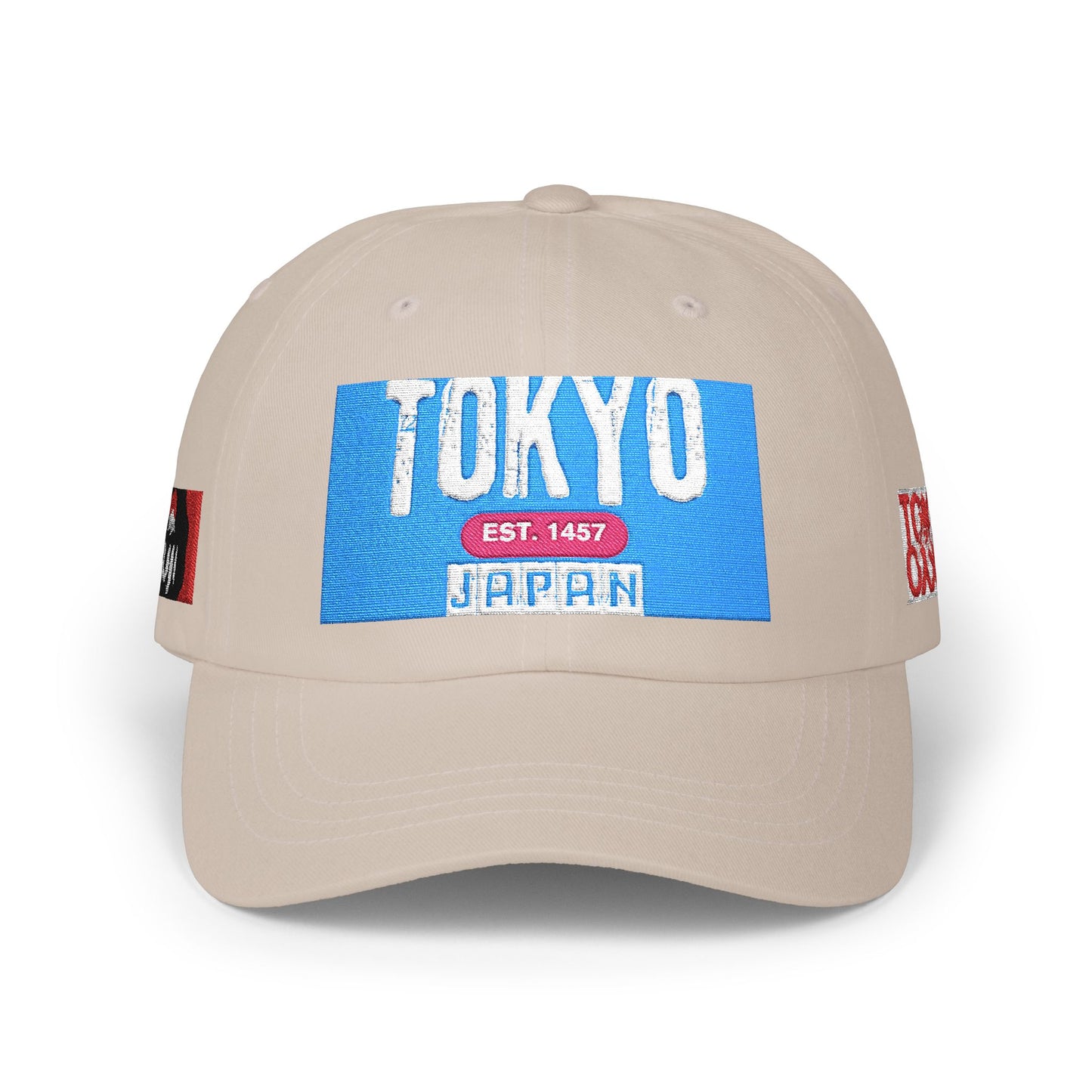 Tokyo Retro Patch Dad Cap – White Embroidered Travel Baseball Hat