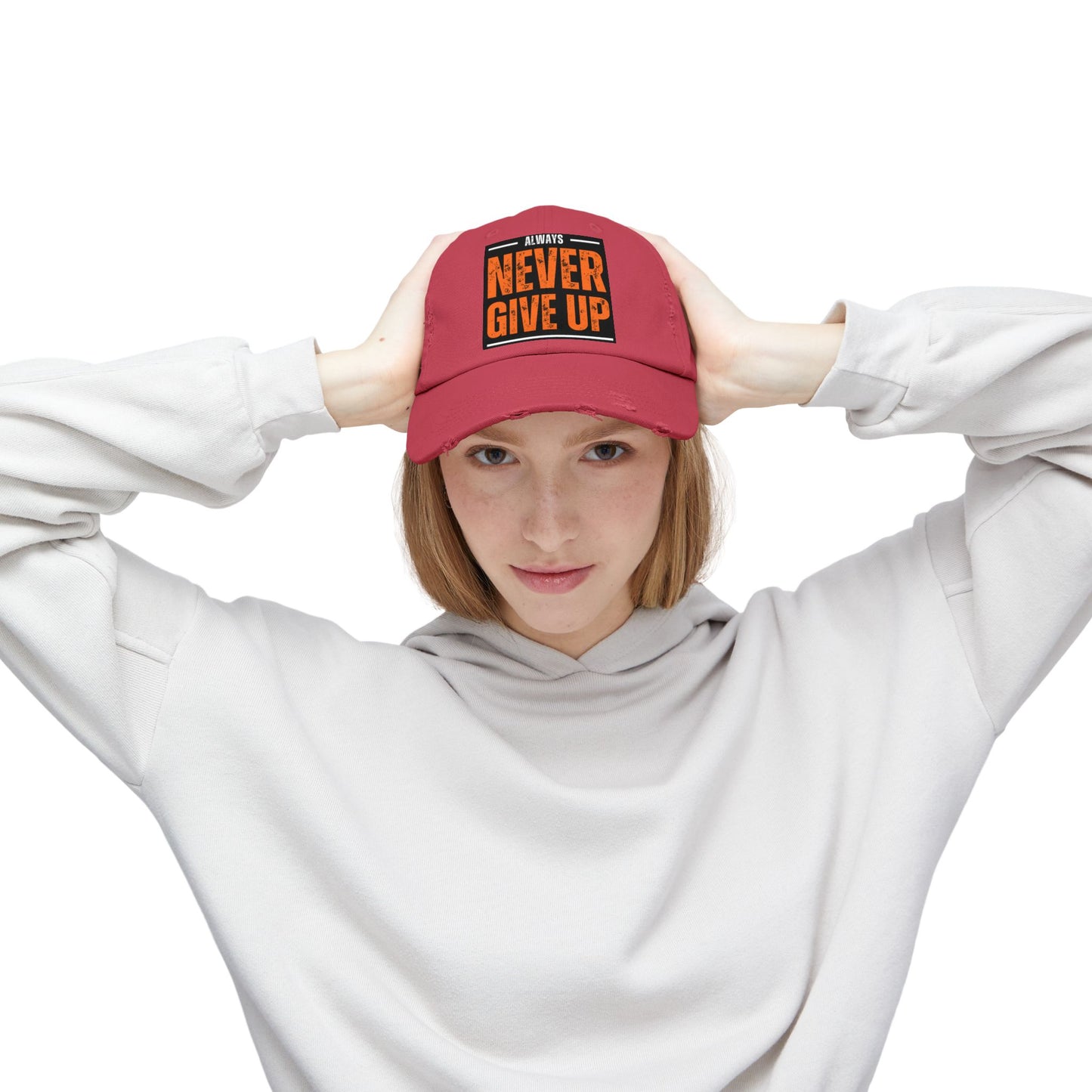Never Give Up Distressed Cap — Motivational Baseball Hat
