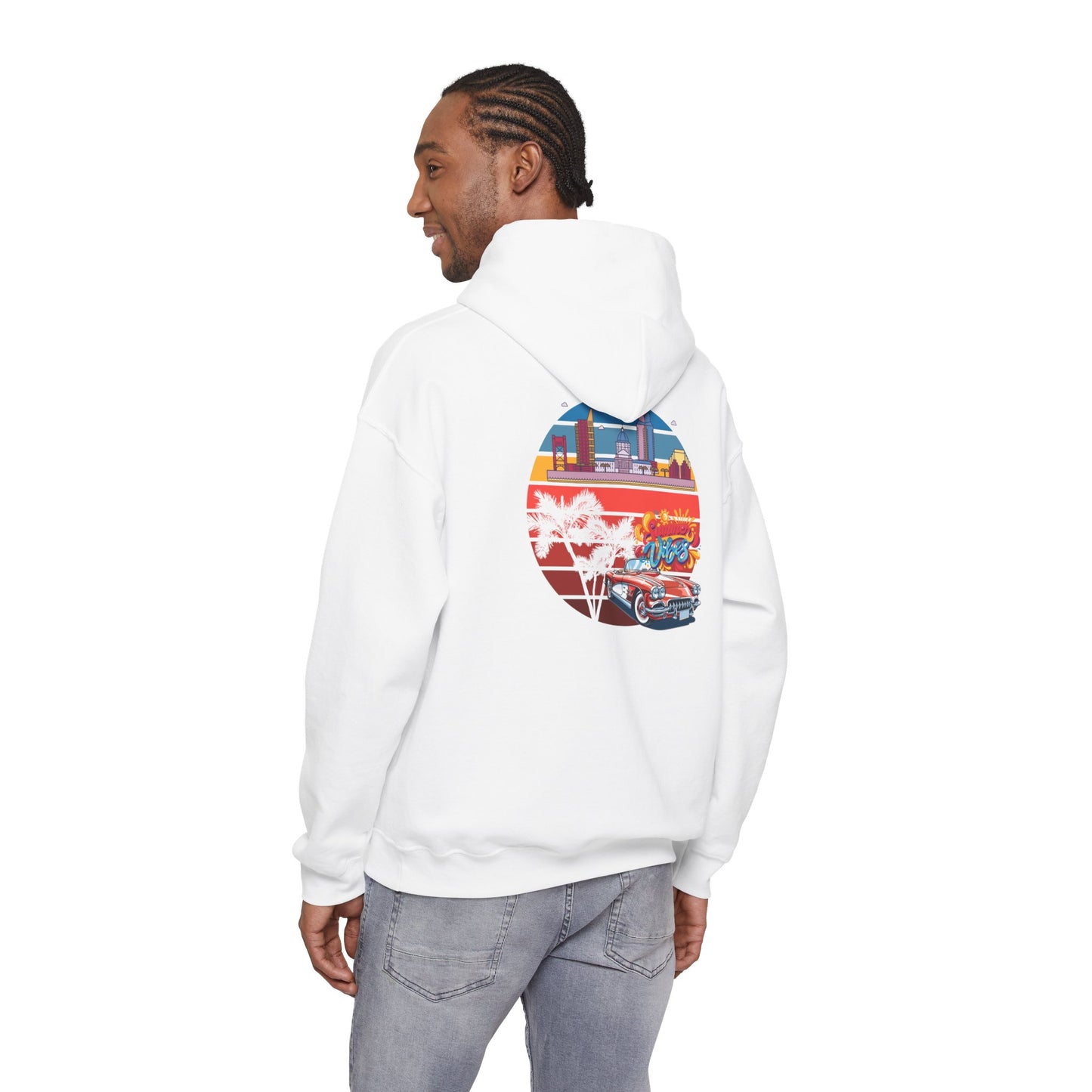 Los Angeles Retro Surf Hoodie — Vintage Sunset Car & Palm Tree Sweatshirt