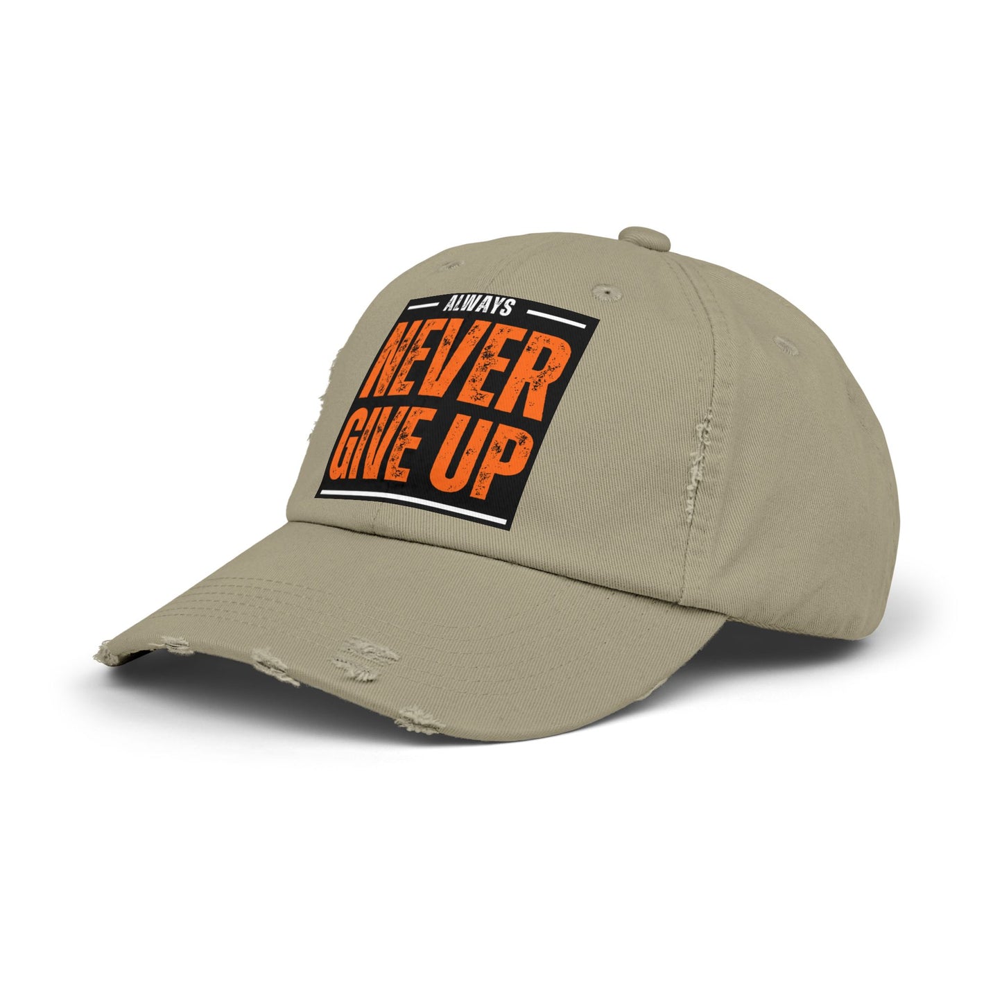 Never Give Up Distressed Cap — Motivational Baseball Hat
