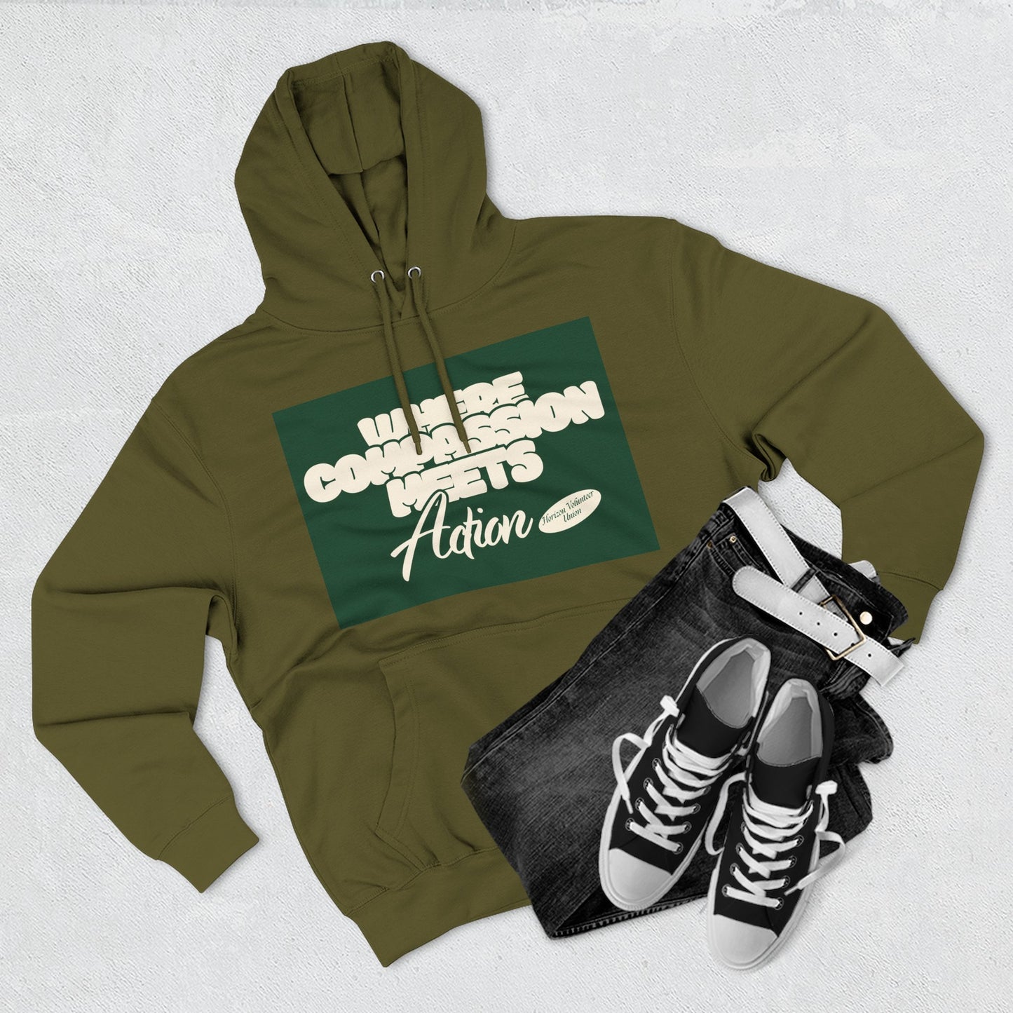 Three-Panel Fleece Hoodie — Vintage Ship Graphic & "Where Compassion Meets Action" Motivational Design