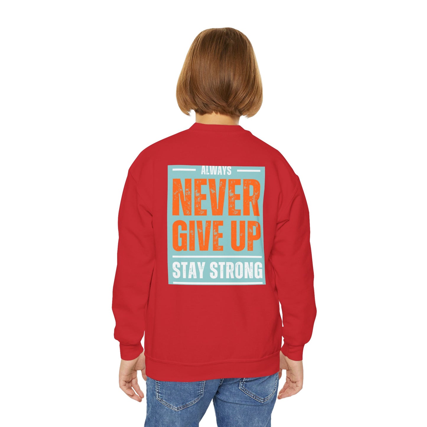 Youth Crewneck Sweatshirt — Stay Focused / Never Give Up Motivational Sweatshirt