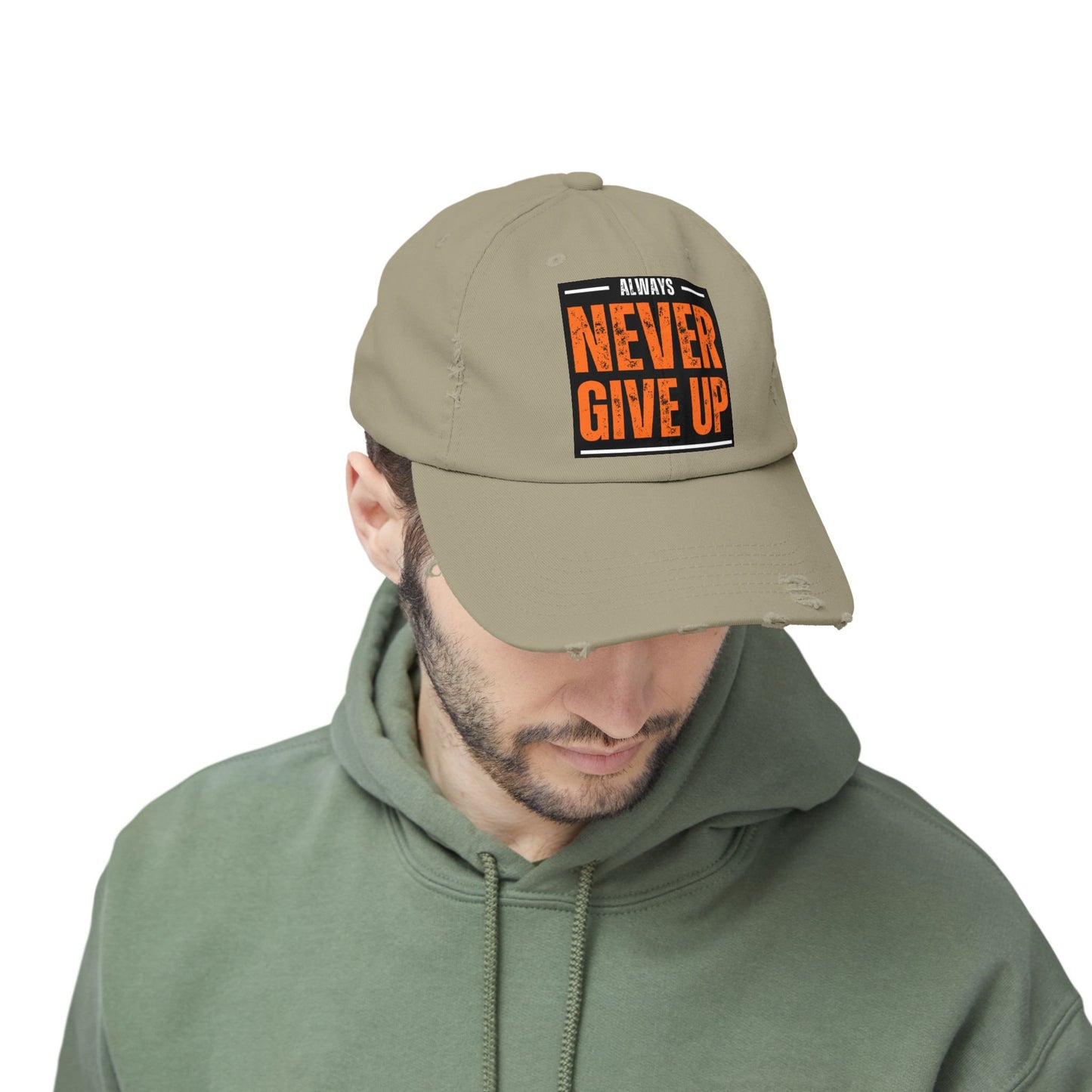 Never Give Up Distressed Cap — Motivational Baseball Hat