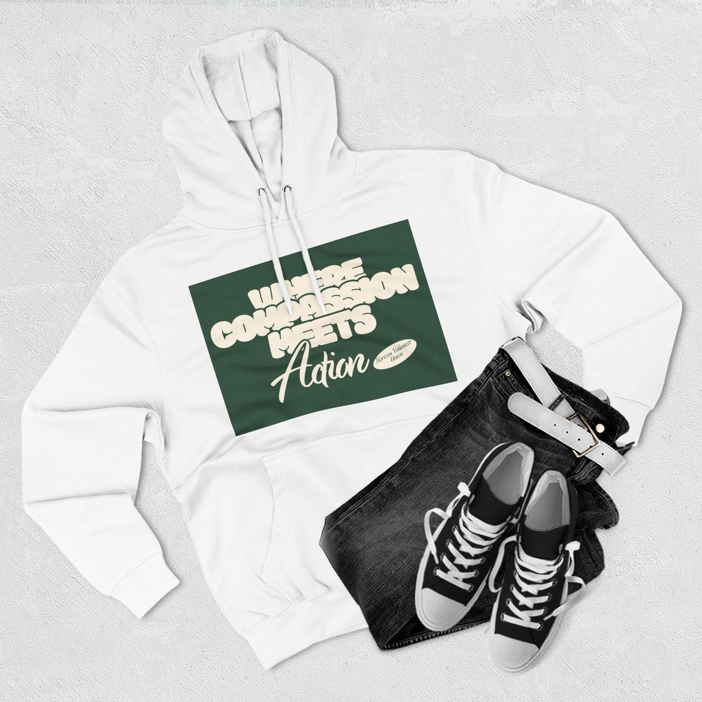 Three-Panel Fleece Hoodie — Vintage Ship Graphic & "Where Compassion Meets Action" Motivational Design