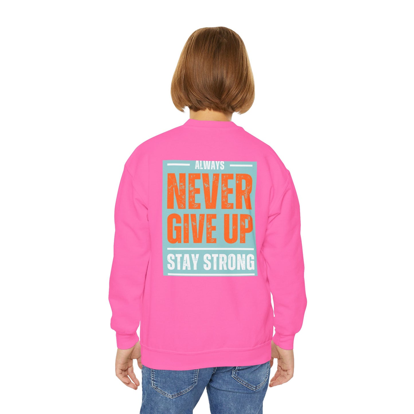Youth Crewneck Sweatshirt — Stay Focused / Never Give Up Motivational Sweatshirt