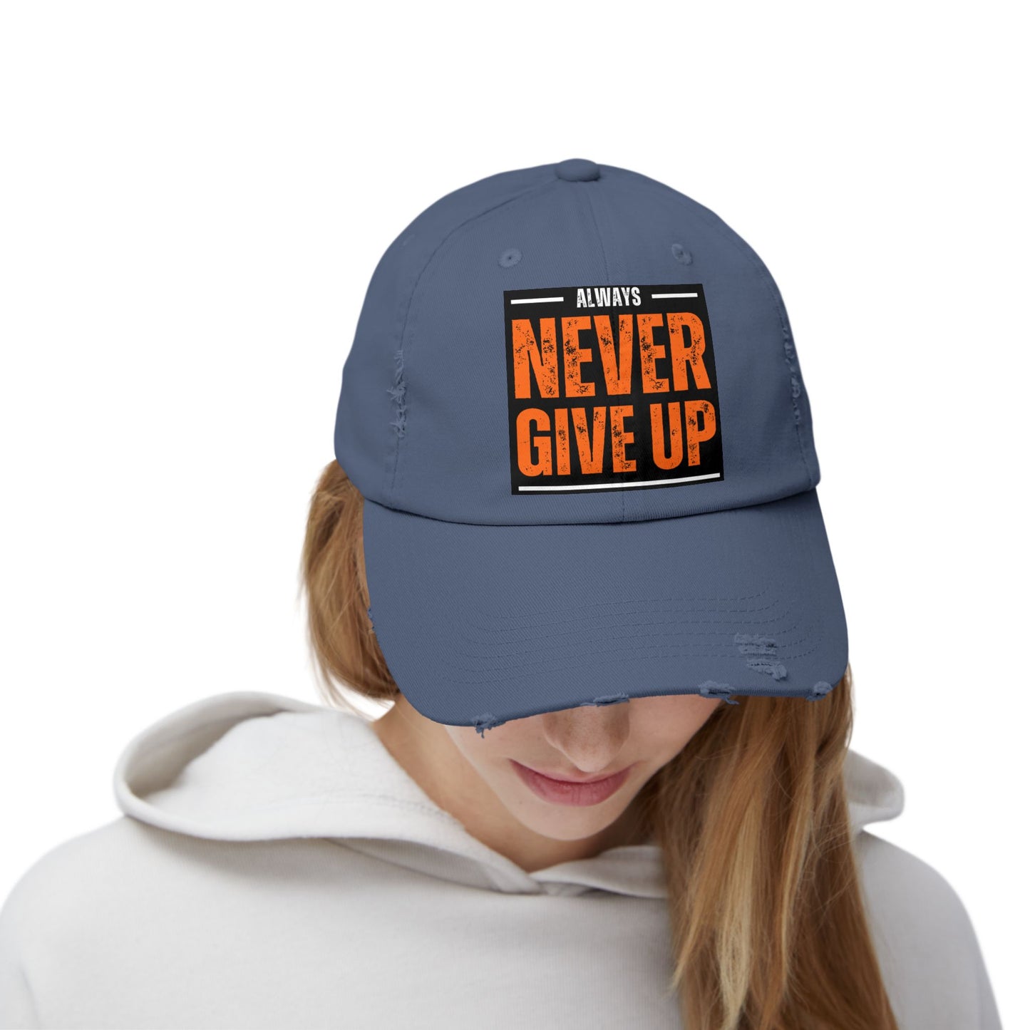 Never Give Up Distressed Cap — Motivational Baseball Hat