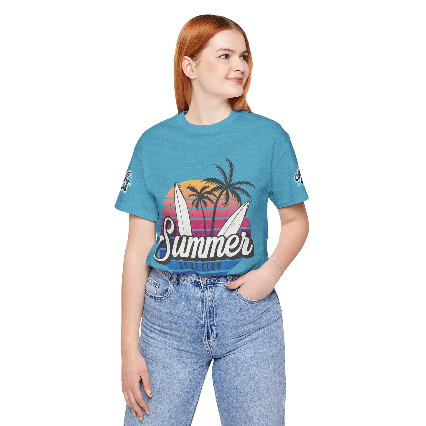 Summer Surf Tee – “Here Comes The Sun” Vintage Surfboard & Palm Graphic T-Shirt