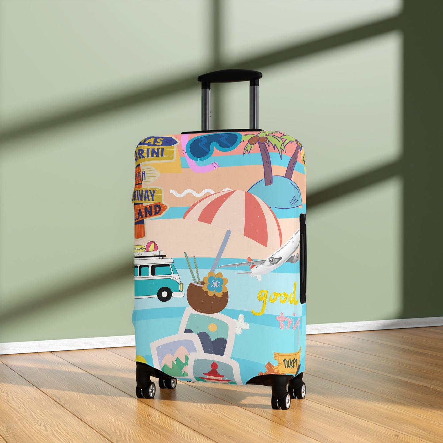 Luggage Cover - Retro Beach Travel Print (Van, Umbrella, Seaside Icons)
