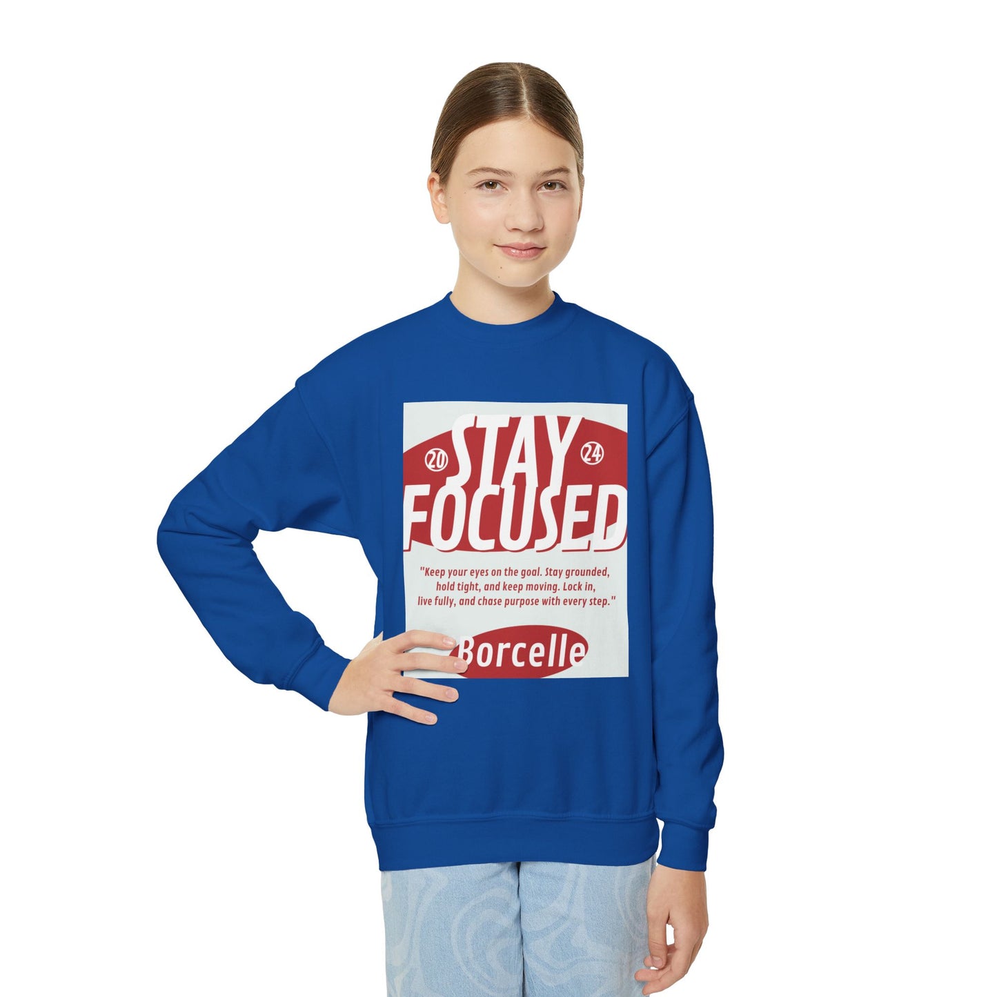 Youth Crewneck Sweatshirt — Stay Focused / Never Give Up Motivational Sweatshirt