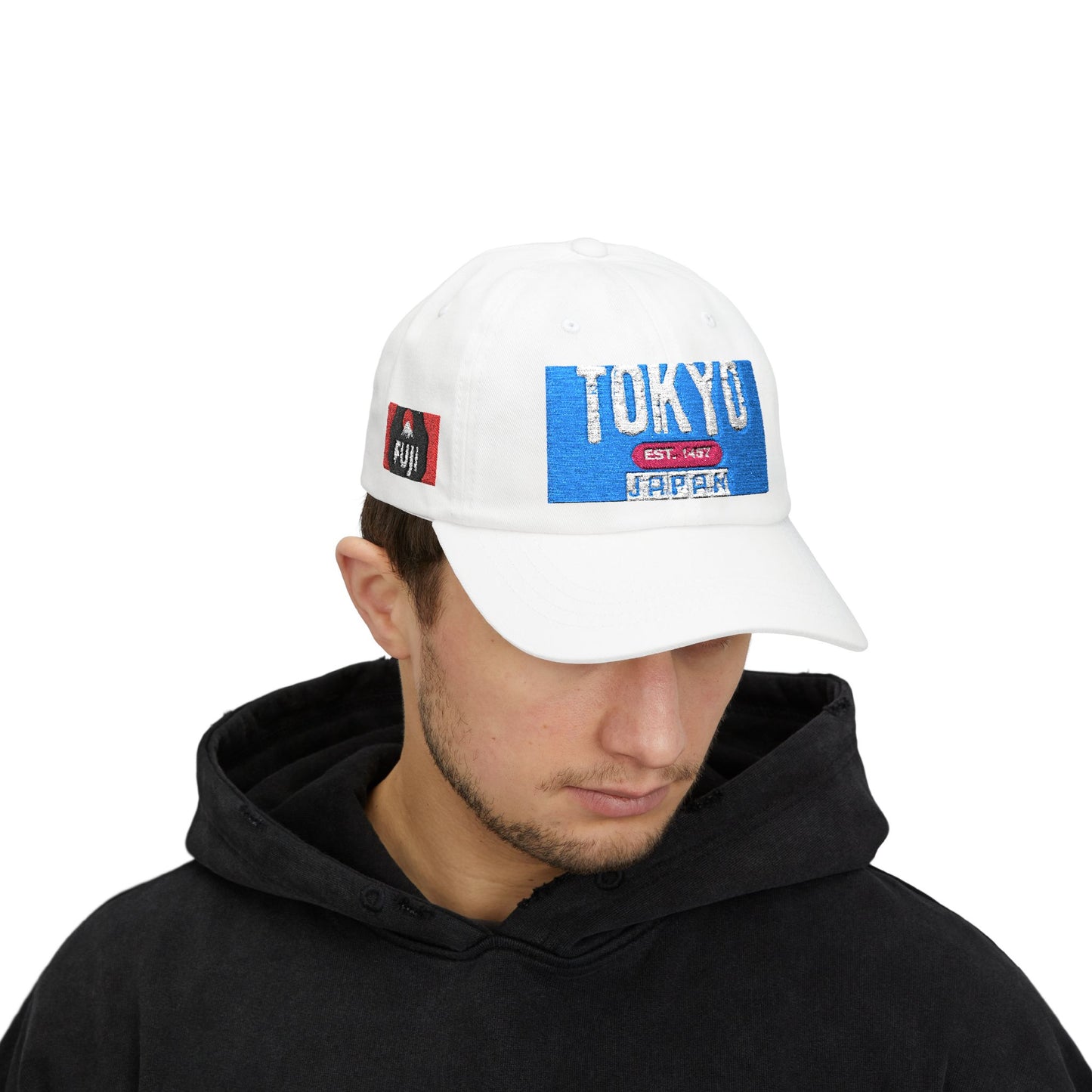 Tokyo Retro Patch Dad Cap – White Embroidered Travel Baseball Hat