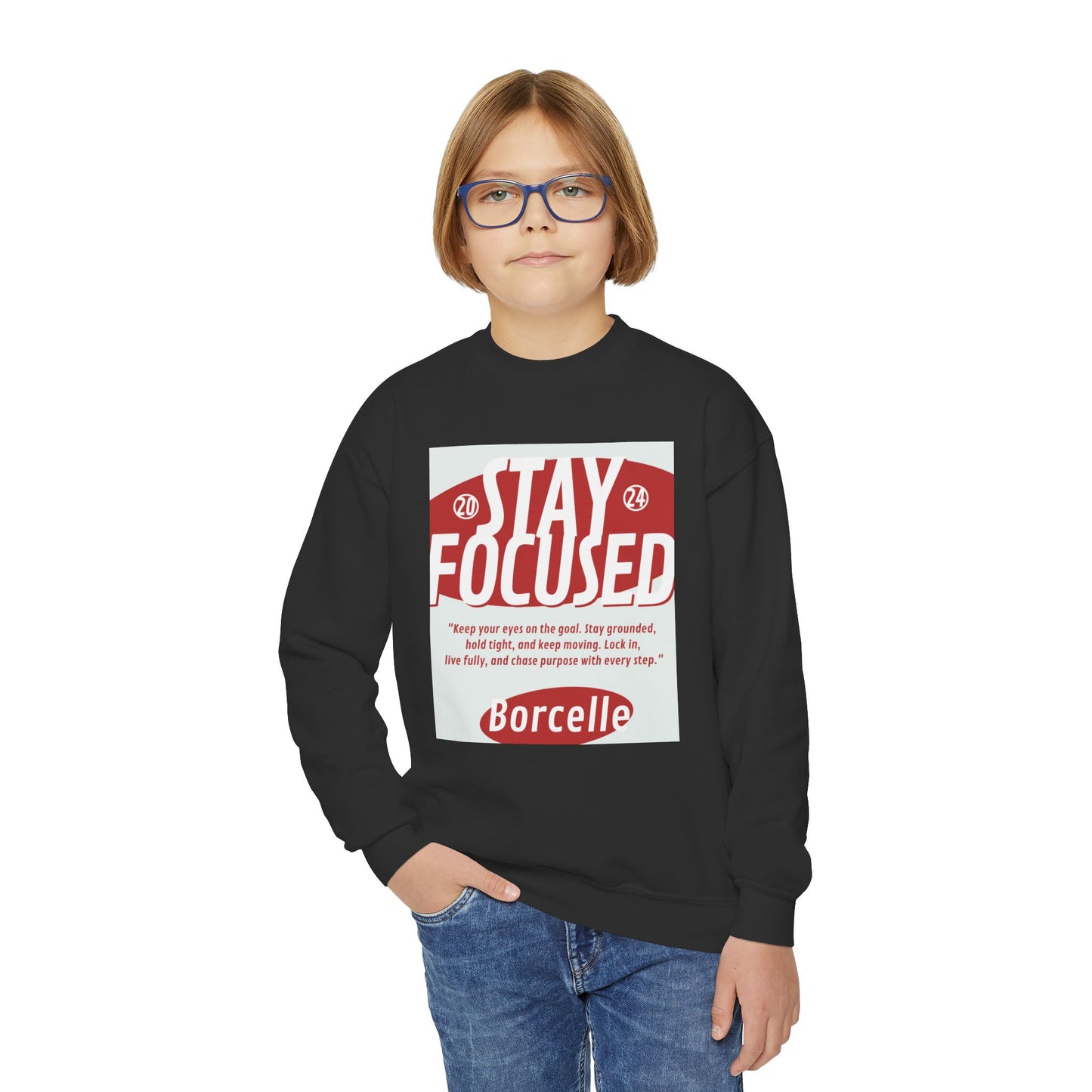 Youth Crewneck Sweatshirt — Stay Focused / Never Give Up Motivational Sweatshirt