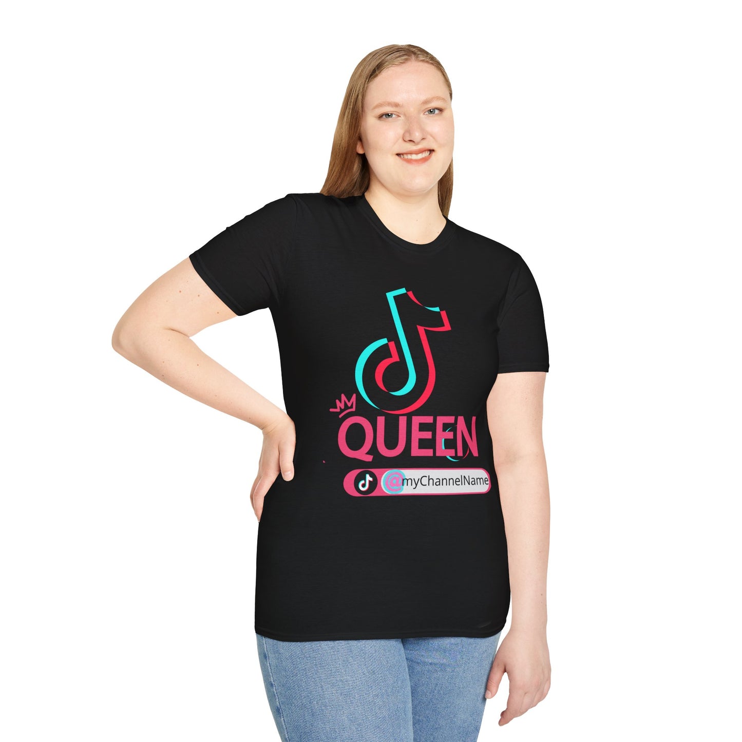 TikTok Queen Graphic T-Shirt — Personalized Channel Name, 'New Day New Start' Back Design