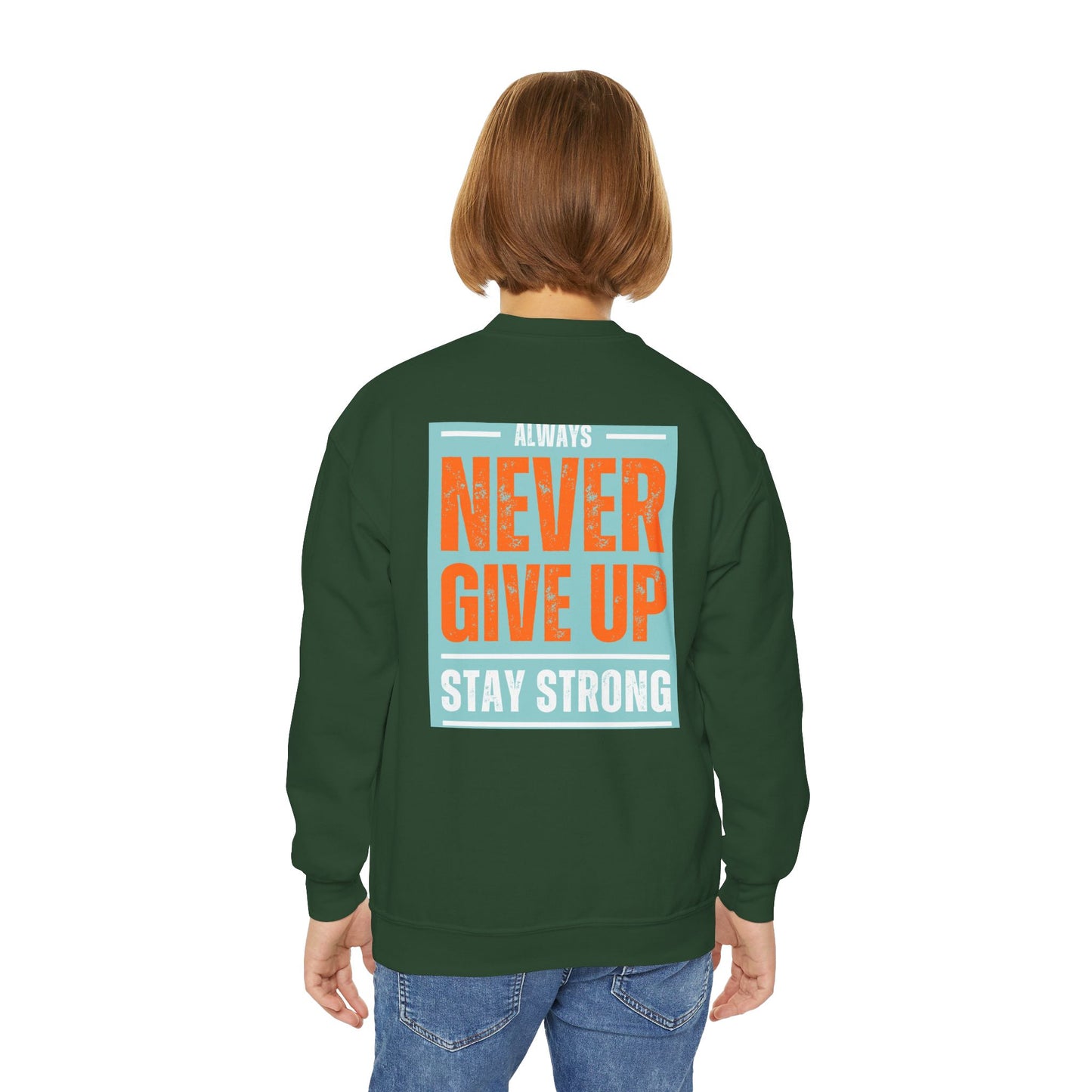 Youth Crewneck Sweatshirt — Stay Focused / Never Give Up Motivational Sweatshirt