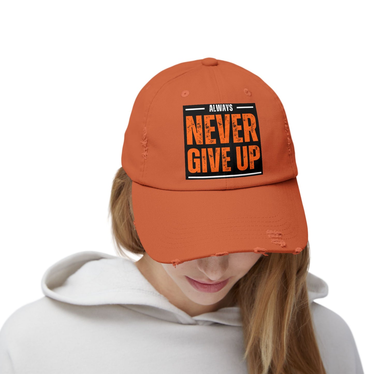 Never Give Up Distressed Cap — Motivational Baseball Hat
