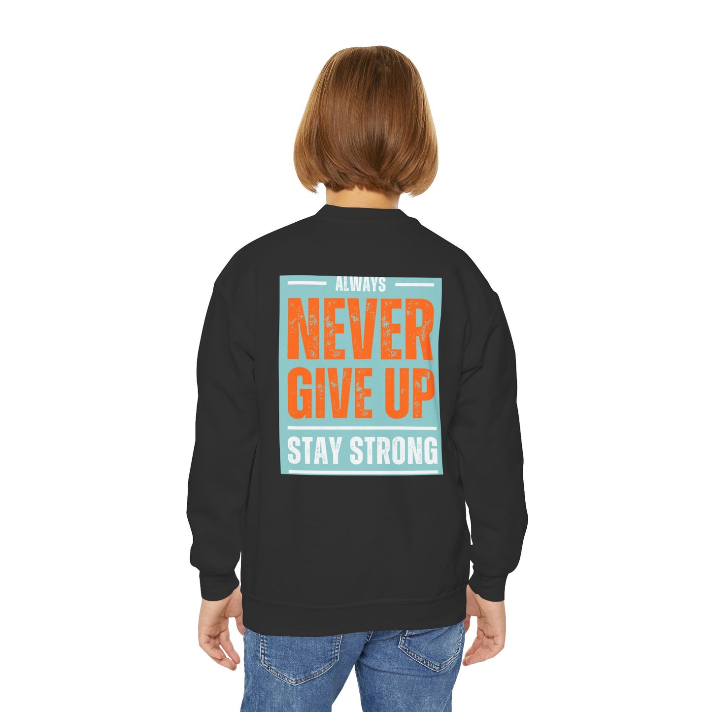 Youth Crewneck Sweatshirt — Stay Focused / Never Give Up Motivational Sweatshirt