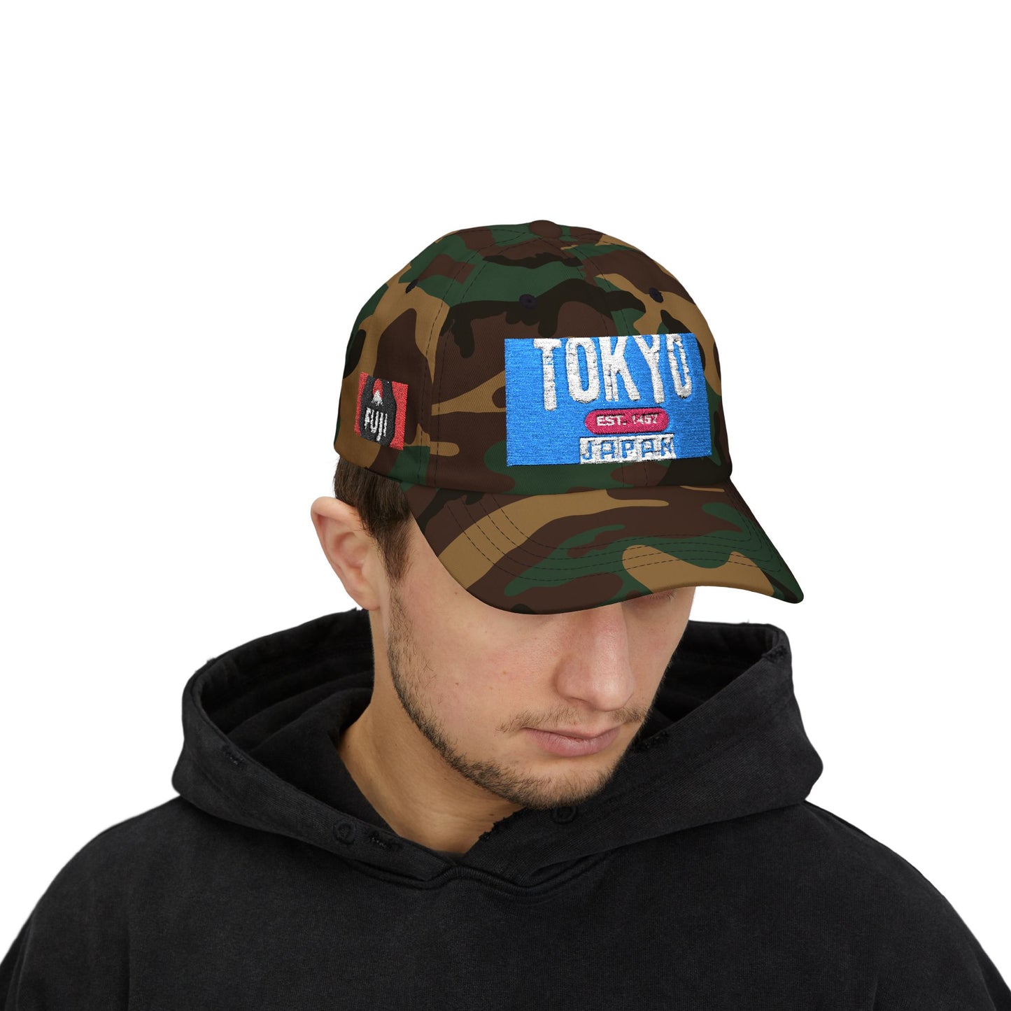 Tokyo Retro Patch Dad Cap – White Embroidered Travel Baseball Hat