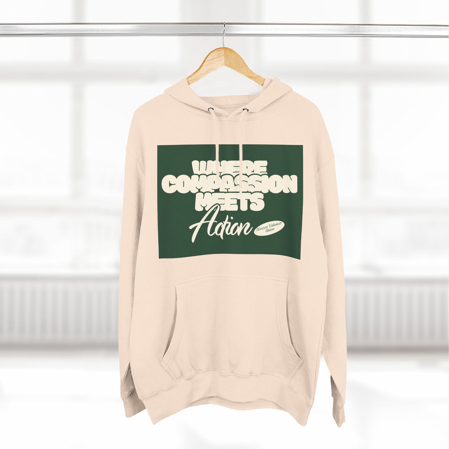 Three-Panel Fleece Hoodie — Vintage Ship Graphic & "Where Compassion Meets Action" Motivational Design