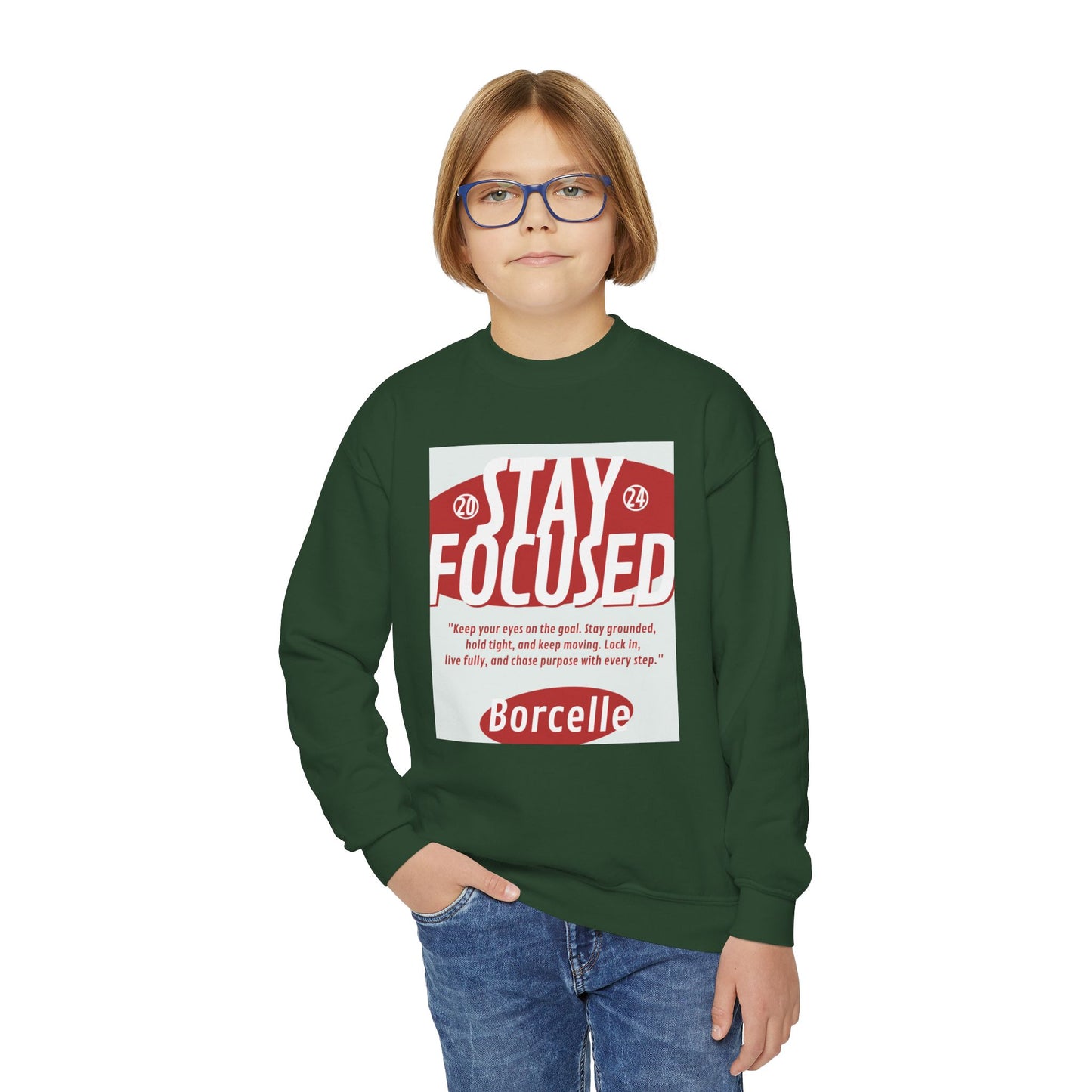 Youth Crewneck Sweatshirt — Stay Focused / Never Give Up Motivational Sweatshirt