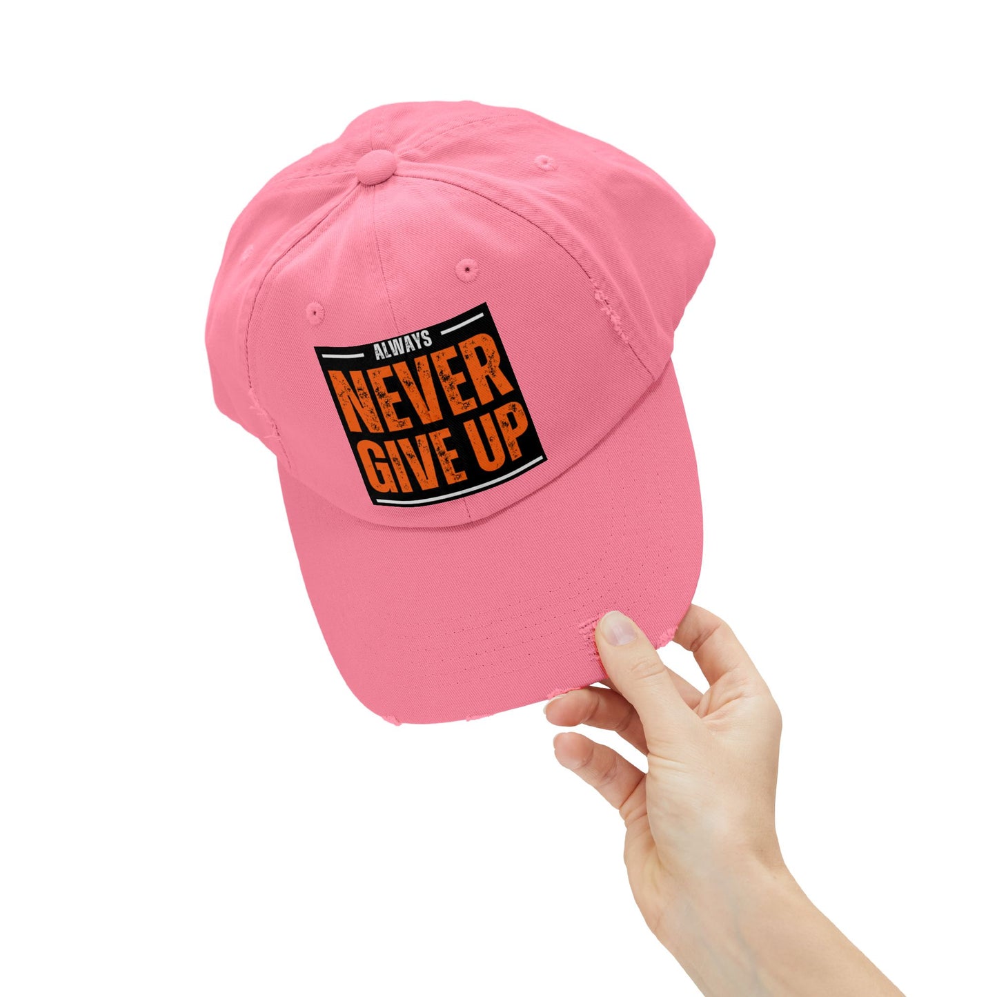 Never Give Up Distressed Cap — Motivational Baseball Hat