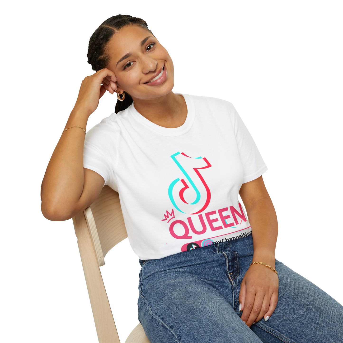 TikTok Queen Graphic T-Shirt — Personalized Channel Name, 'New Day New Start' Back Design