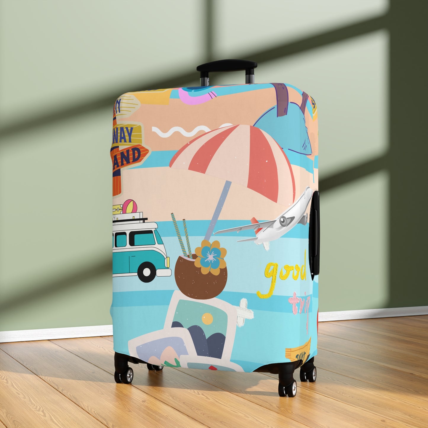Luggage Cover - Retro Beach Travel Print (Van, Umbrella, Seaside Icons)