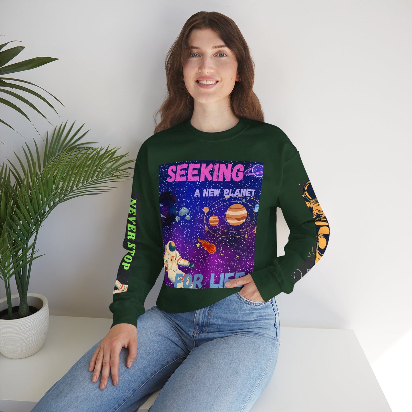 Space Crewneck Sweatshirt — “Seeking a New Planet for Life” Astronaut Graphic