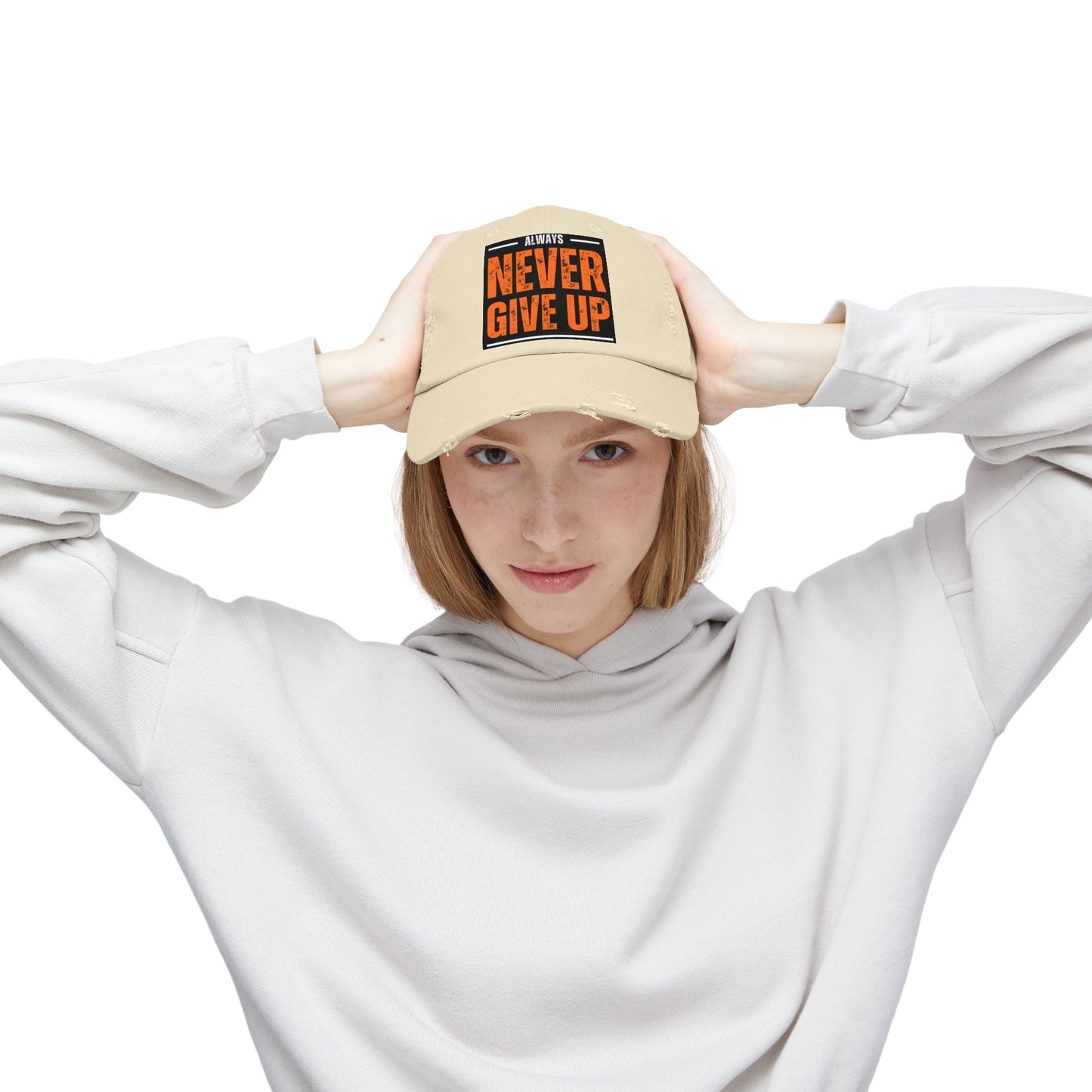Never Give Up Distressed Cap — Motivational Baseball Hat