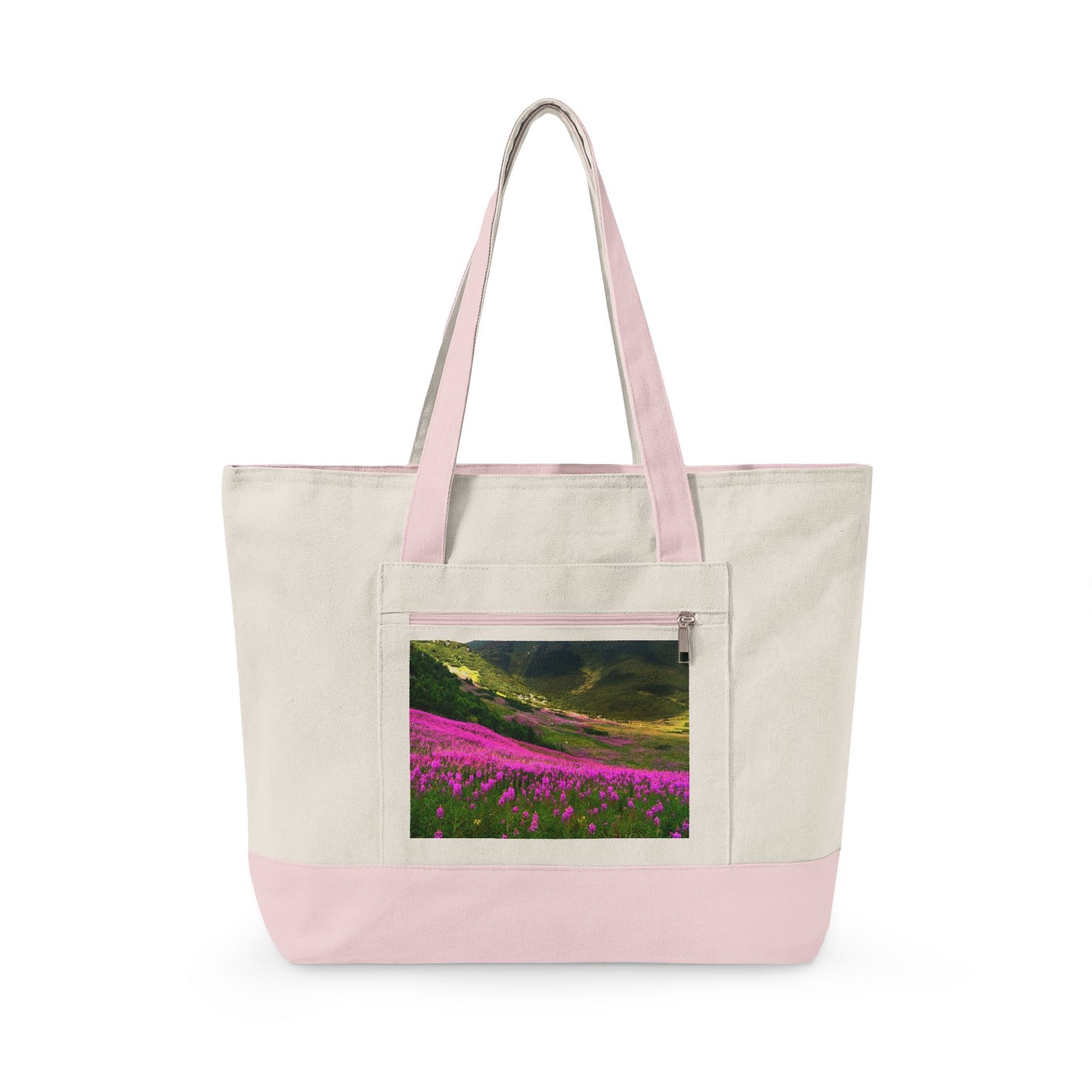 Canvas Tote Bag — Scenic Floral Meadow & River Photo Print Zippered Tote