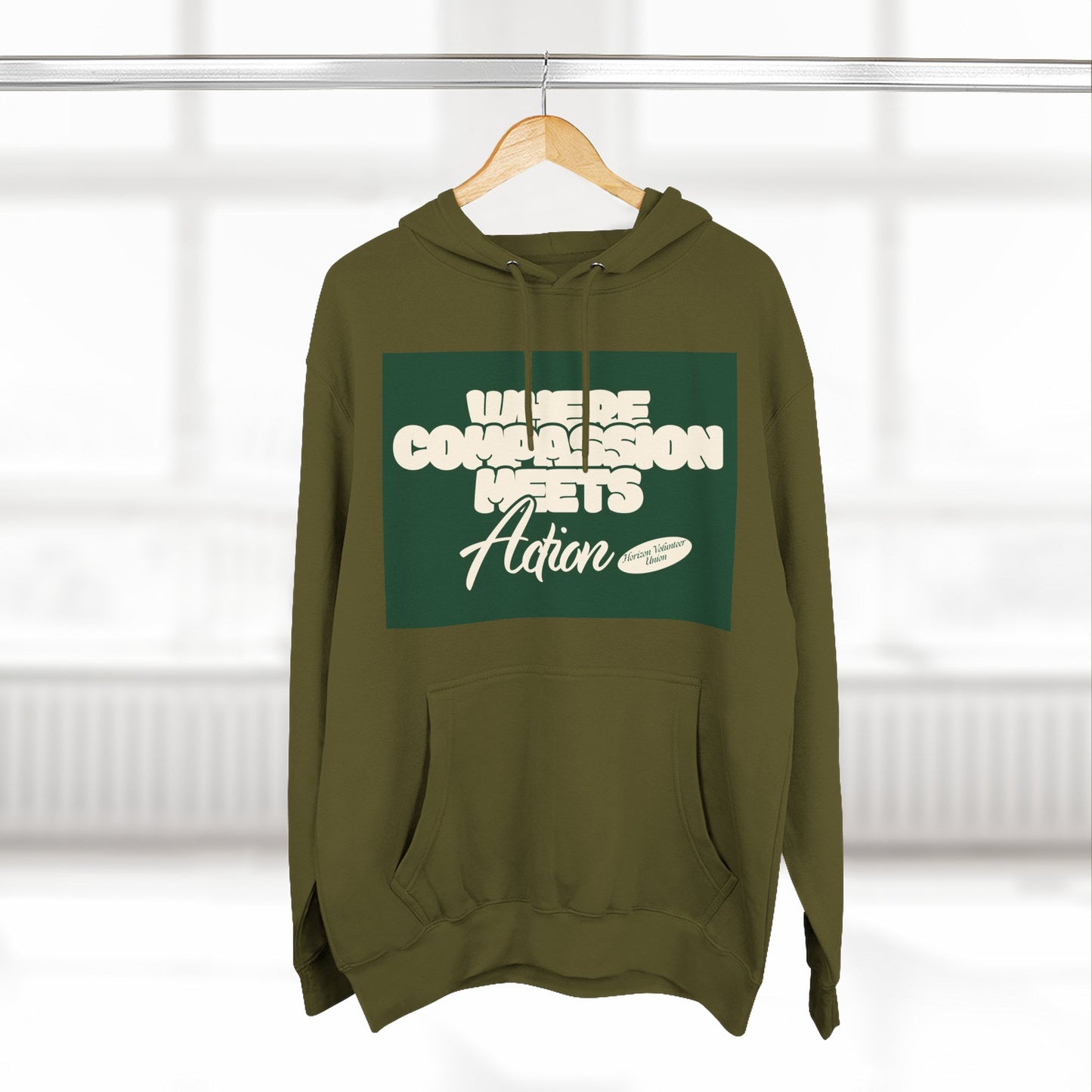 Three-Panel Fleece Hoodie — Vintage Ship Graphic & "Where Compassion Meets Action" Motivational Design