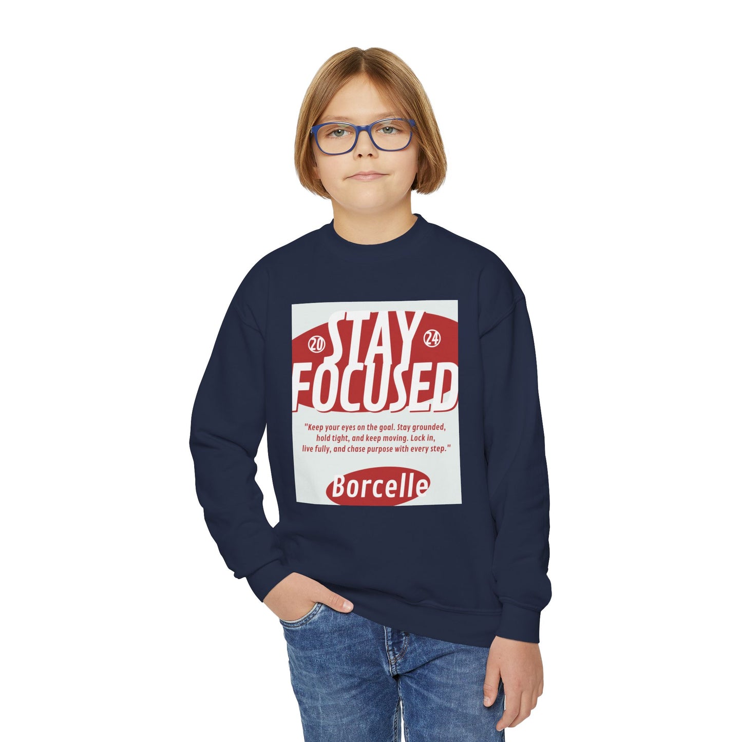Youth Crewneck Sweatshirt — Stay Focused / Never Give Up Motivational Sweatshirt